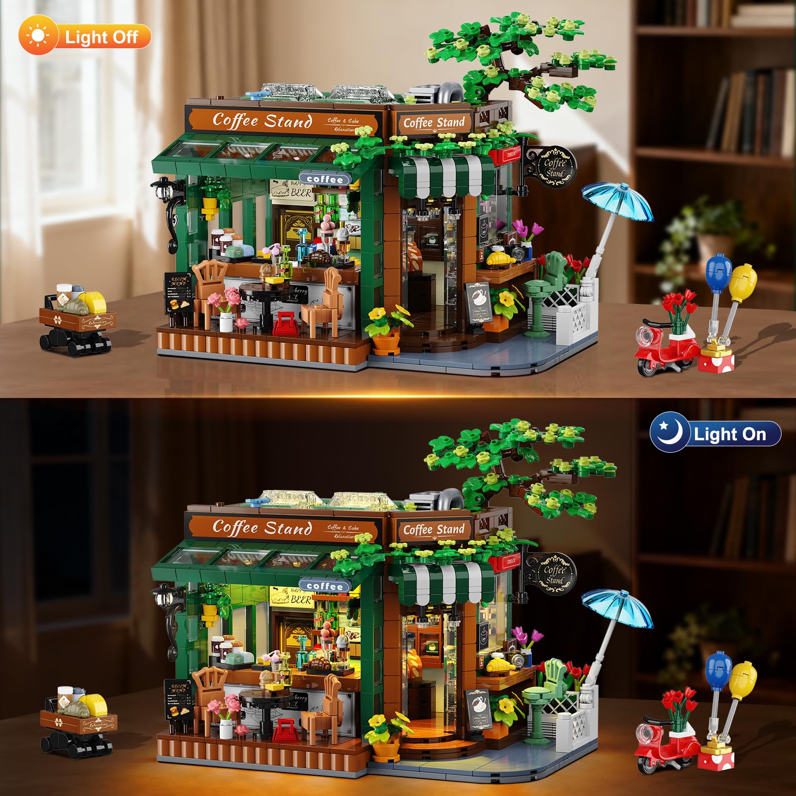 INSOON City Street - Set da costruzione per casa da caffè con luci, 1493 pezzi, stile retrò, con design apribile, modello per caffetteria, decorazione domestica, regalo per adulti, donne, adolescenti