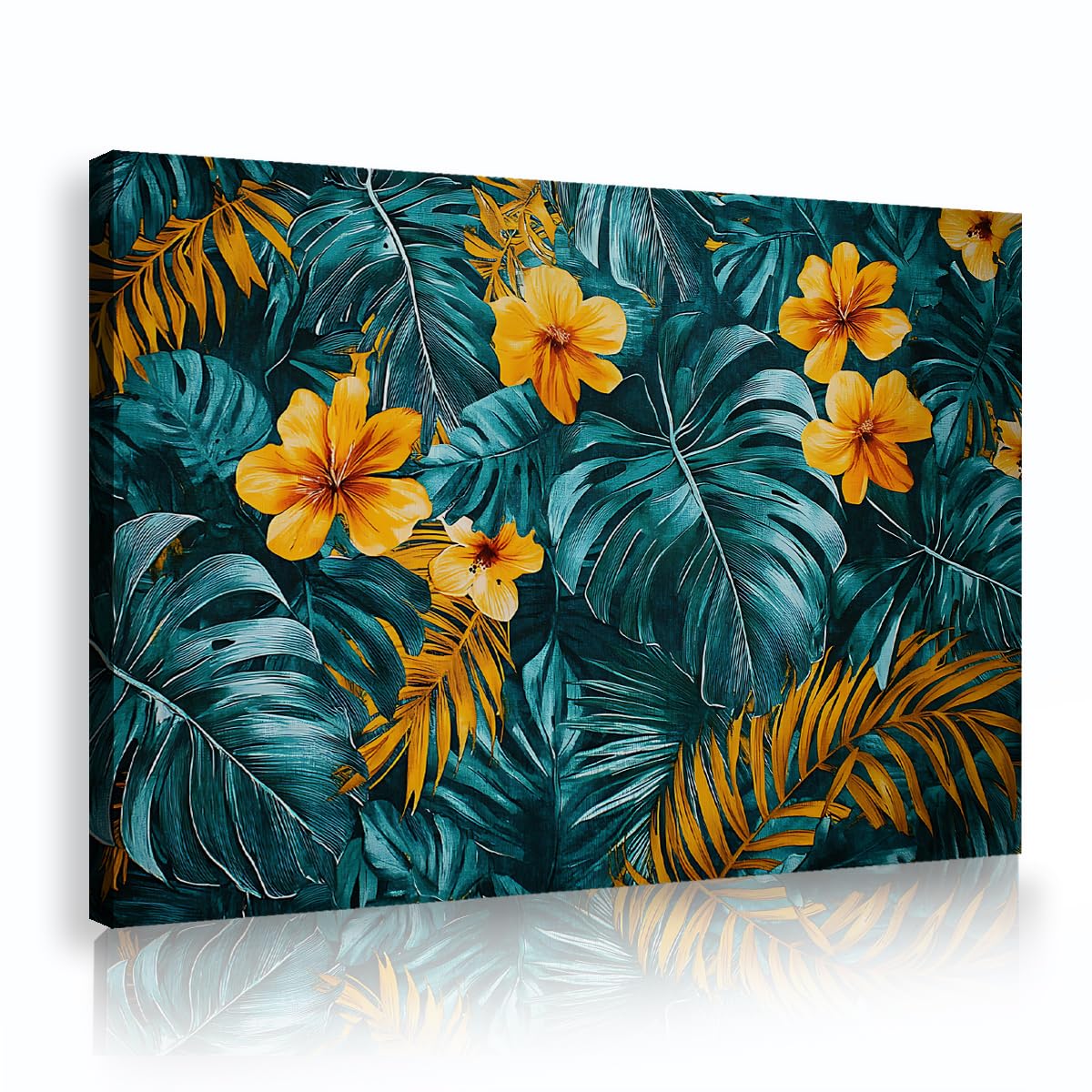 SHENGPOSTER Dark Tropical Monstera Leaves Canvas Wall Art Exotic Yellow Flowers Jungle Picture Contemporary Botanical Palm Leaves Living Room Wall Decor Innerframe 55x80cm