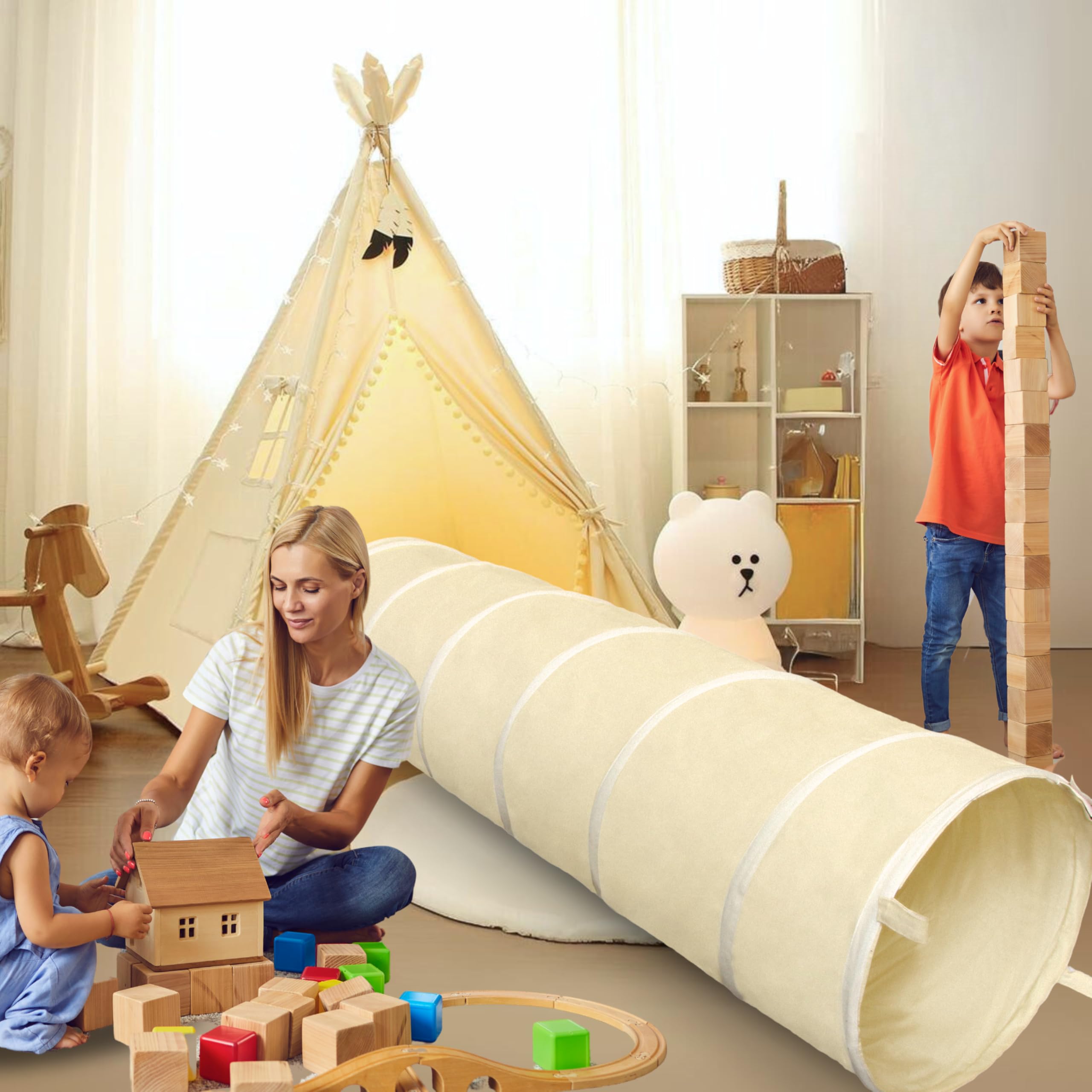 LIONHERZ® Spieltunnel für Kinder aus 100% Baumwolle mit Klettverschlüssen | Krabbeltunnel für Baby [180cm x 46cm] Faltbarer Pop-up Kriechtunnel | Krabbelrolle passend zu unserem Tipi (Cremeweiß)