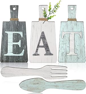 Jetec Cutting Board Eat Sign Set Hanging Art Kitchen Eat Sign Fork and Spoon Wall Decor Rustic Primitive Country Farmhouse Kitchen Decor for Kitchen and Home Decoration (), Gray, White, Blue