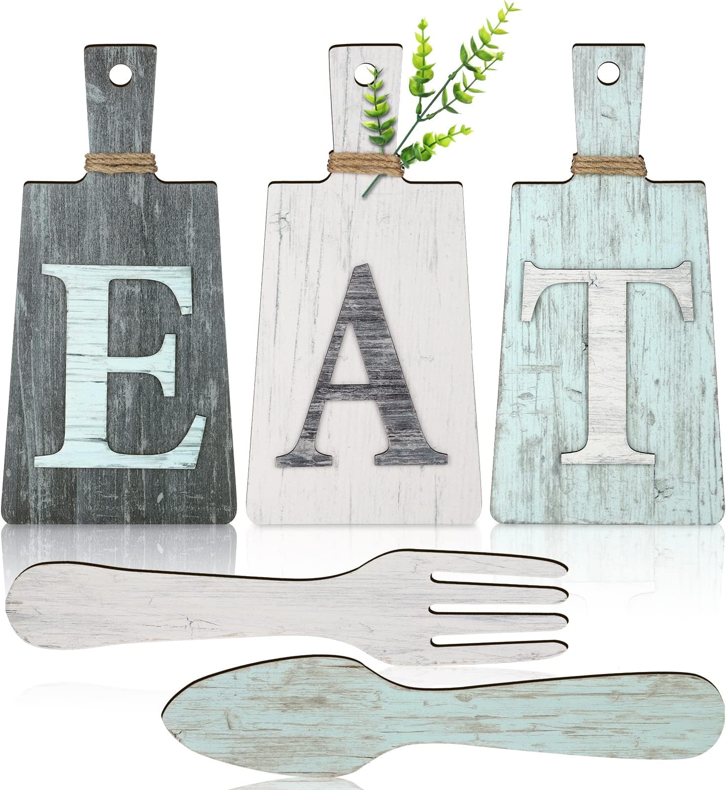 Jetec Cutting Board Eat Sign Set Hanging Art Kitchen Fork and Spoon Wall Decor Rustic Primitive Country Farmhouse for Home Decoration ()