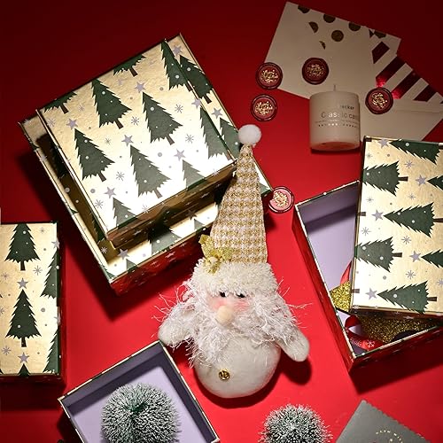 Miniatura 4 de PAPER FAIR Juego de 5 cajas de regalo de Navidad, papel de aluminio dorado verde árbol de Navidad cuadrado plano caja anidada de cartón con tapa,