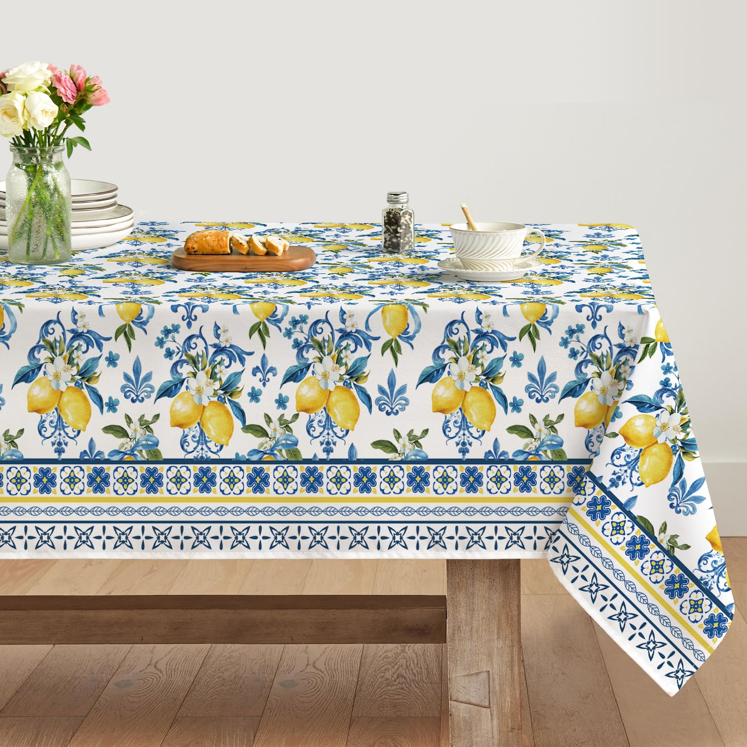 Artoid Mode Blue Lemon Iris Summer Table Cloth, Rectangular 140x110 cm Spring Decorative Table Cover Protector For Party Home Table Decorations