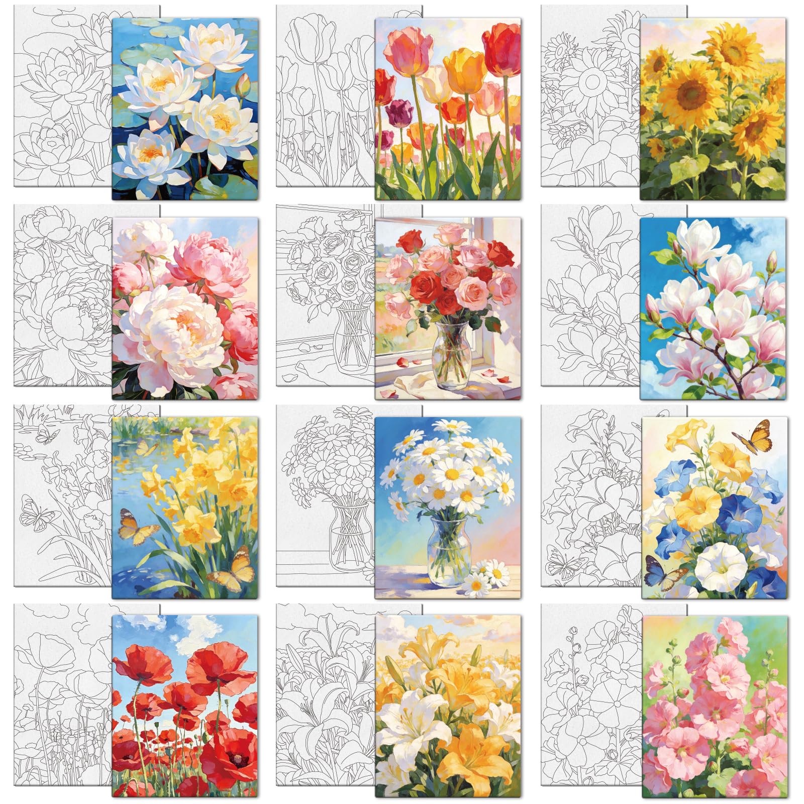 MAYJOYDIY 12 Pcs Flowers Pre Drawn Canvas to Painting Water Lilies Tulips Pre Printed Canvas for Adults 25×20cm Sunflowers Peony Rose DIY Paint Art Supplies for Beginners
