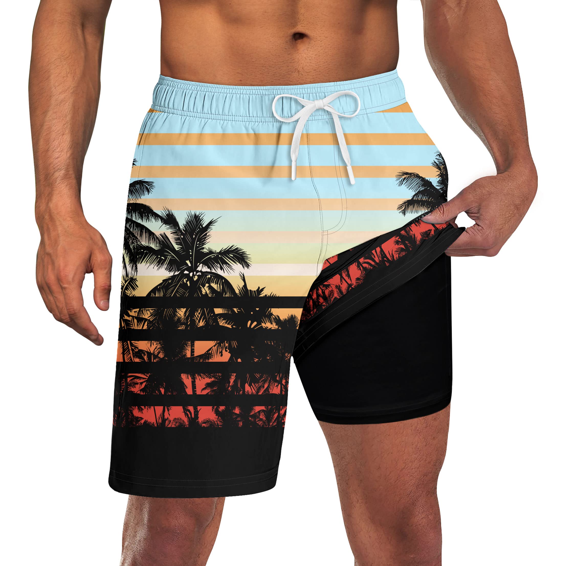 Men Swim Trunks with Compression Liner 9 Inch Long Board Shorts, Black S Orange, Large-image-29