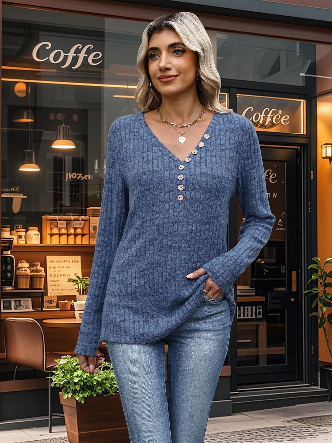 Womens Henley Knit Sweaters 2025 Fall Winter Deep V Neck Long Sleeve Button Pullover Casual Tops - Image 5