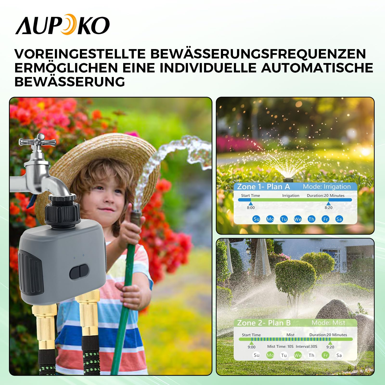 Aupoko Bewässerungscomputer mit 2 Ausgängen, Smart Bewässerungsuhr mit Bluetooth & App Steuerung, Wasserzeitschaltuhr mit IP55 Schutz, 2-Zonen-Bewässerungstimer für Garten, Landwirtschaft