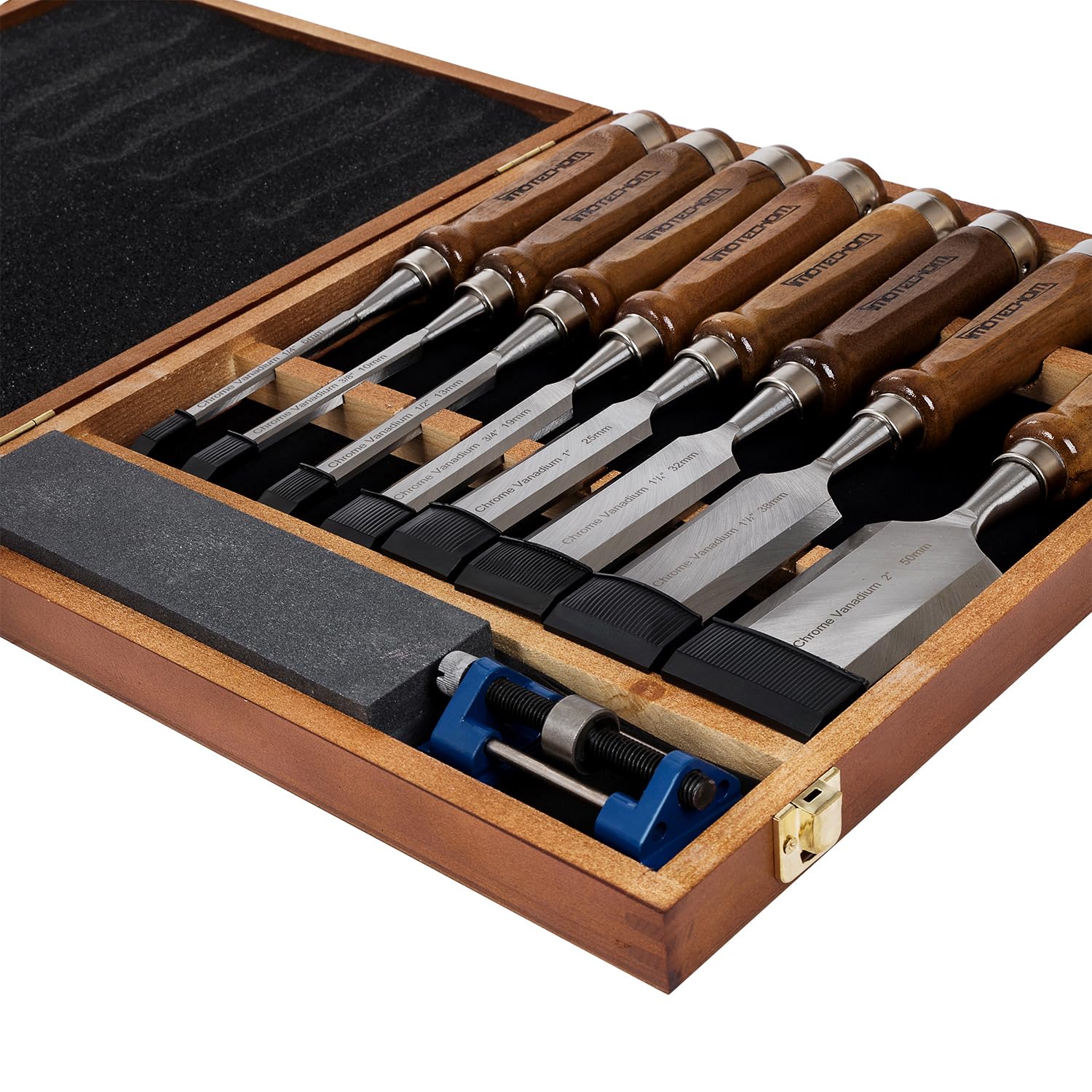 Juego de 10 cinceles de madera para carpintería con mango de nogal, guía de afilado, piedra de afilado, caja de almacenamiento de madera
