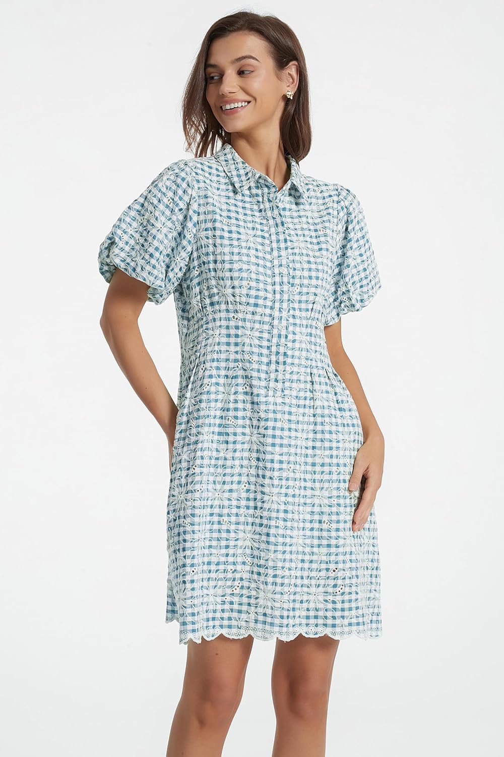 D-Sun Women's Short Sleeve Shirt Dress Button Down Pleated Mini Dress Embroidered Gingham Casual Short Dresses - Image 2