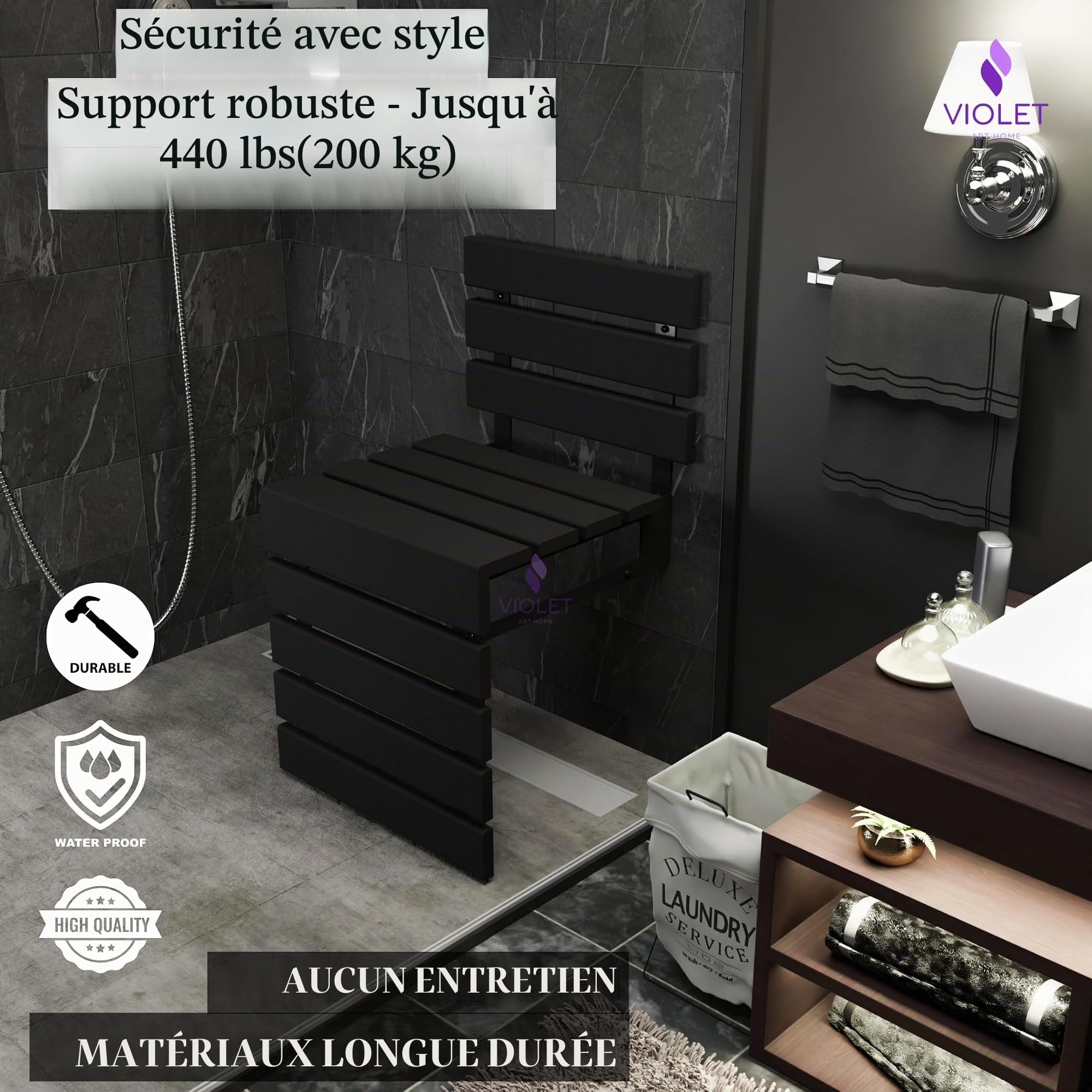 Siège de douche mural pliable en bois de teck avec dossier, tabouret de salle de bain pliable avec pieds, matériaux de qualité supérieure, fabriqué à la main, économie d'espace et chaise super sûre