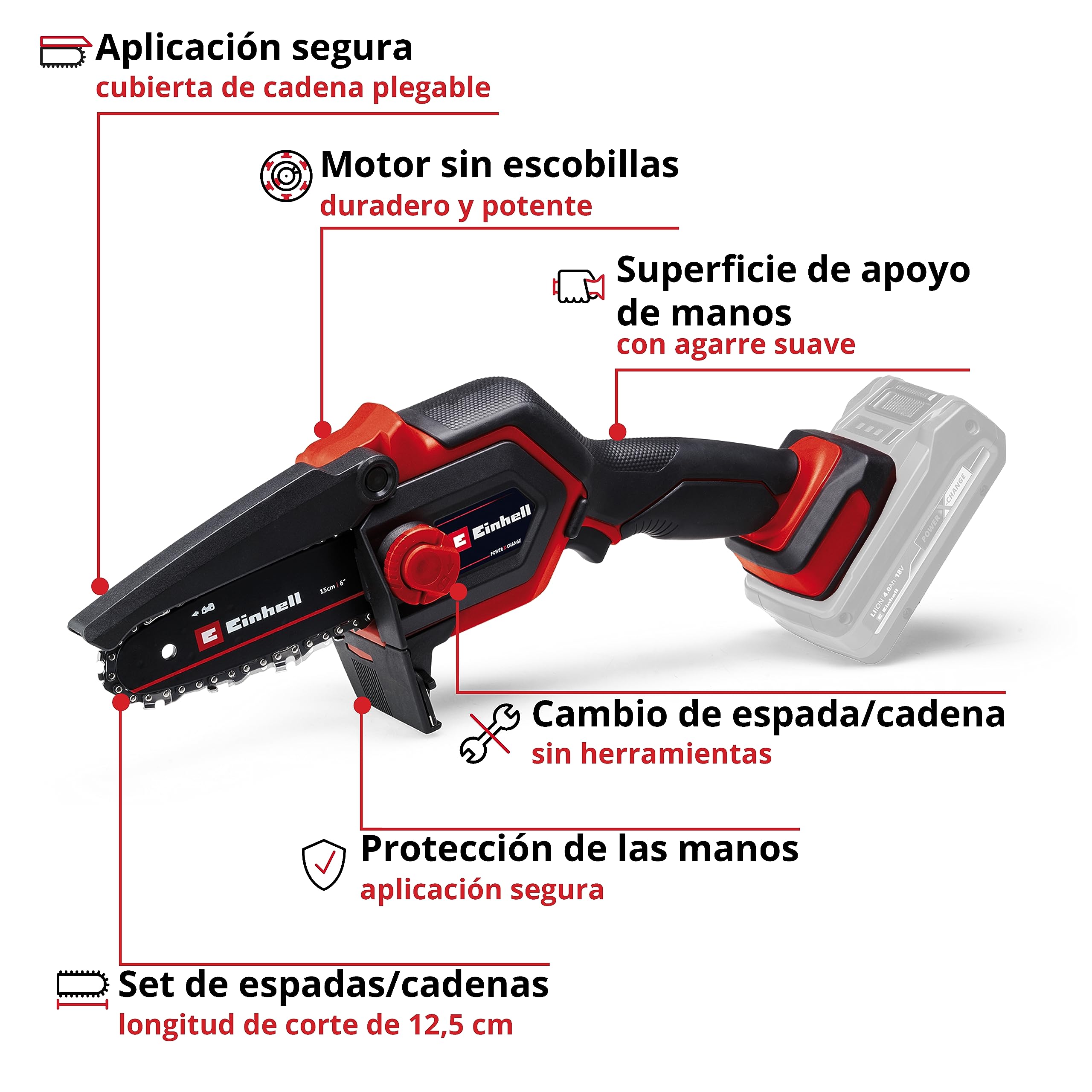 Einhell Motosierra para ramas con batería GE-PS 18/15 Li BL-Solo Power X-Change (18 V, sin escobillas, longitud de corte de 12,5 cm, cambio de espada y cadena sin herramientas, sin batería)