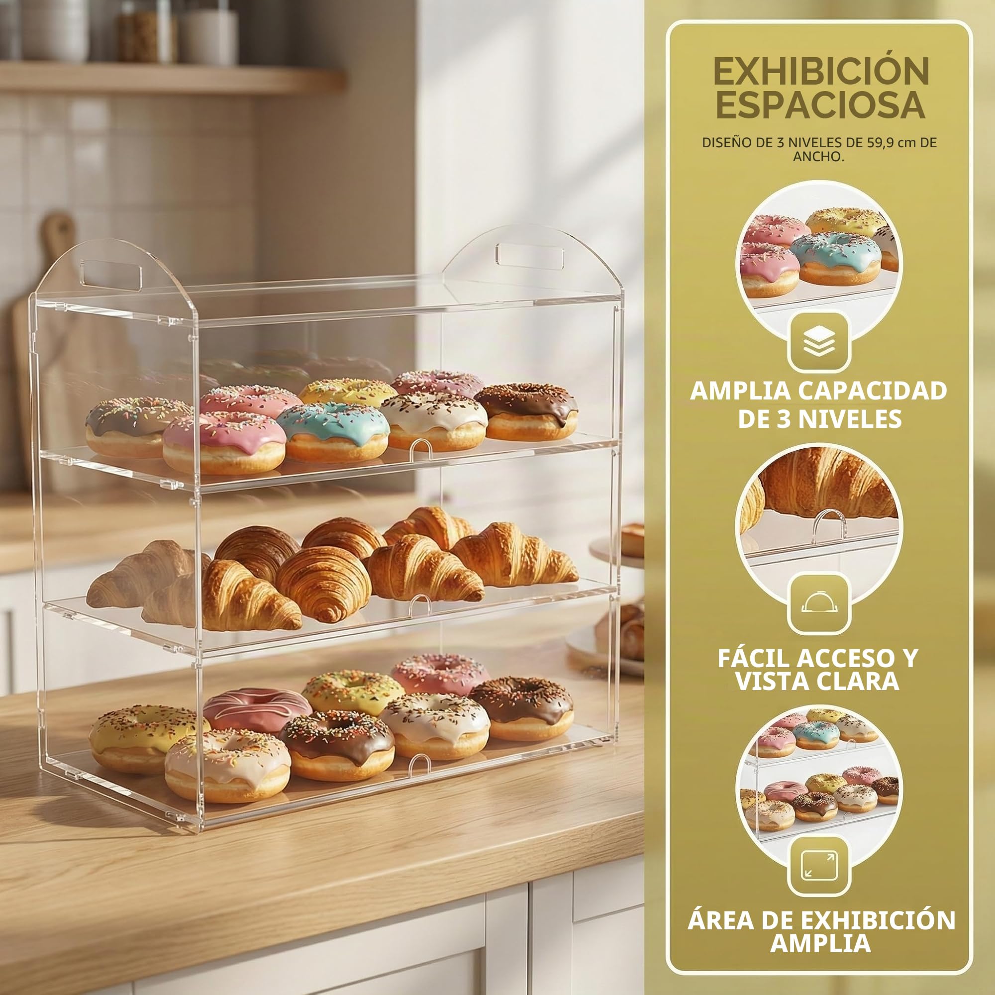 Vitrina de 3 niveles para repostería, 60 x 30 x 47 cm, expositor de acrílico transparente para pasteles y donas