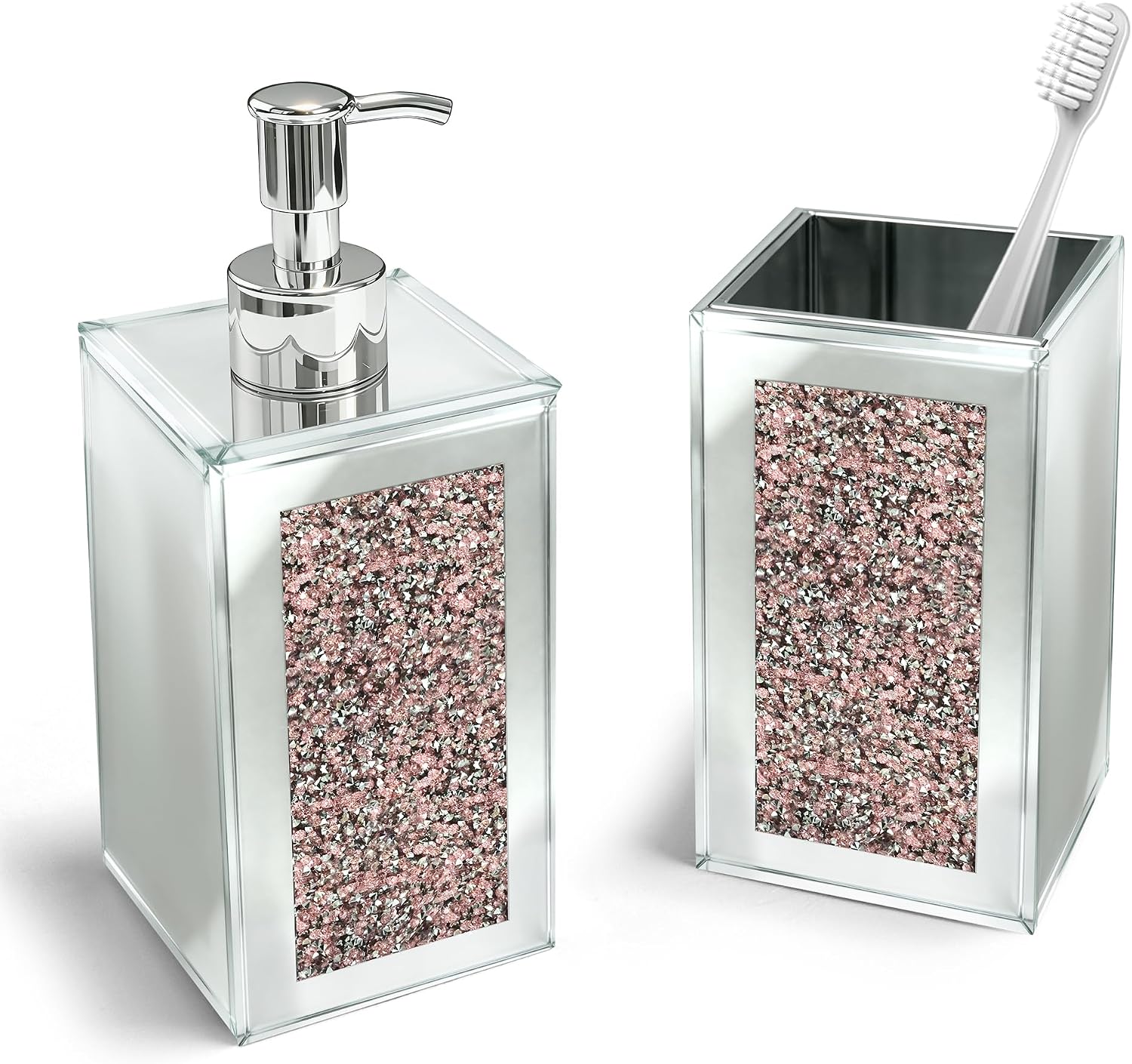 Bathroom Accessories Set, Square 2 Pack Silver Glass Soap Dispenser & Toothbrush Holder with Mirror Finish & Sparkling Diamond Accents, Modern Bathroom Countertop Decor