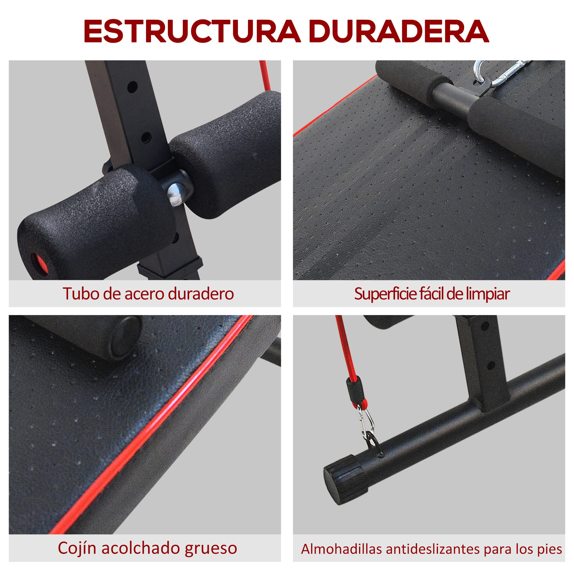 HOMCOM Banco de Abdominales Altura Ajustable Multifuncional Fitness 120kg | Banco de Musculación, Entrenamiento de Espalda Abdominal Piernas, 2 Cuerdas, 1 Tirador de Resorte