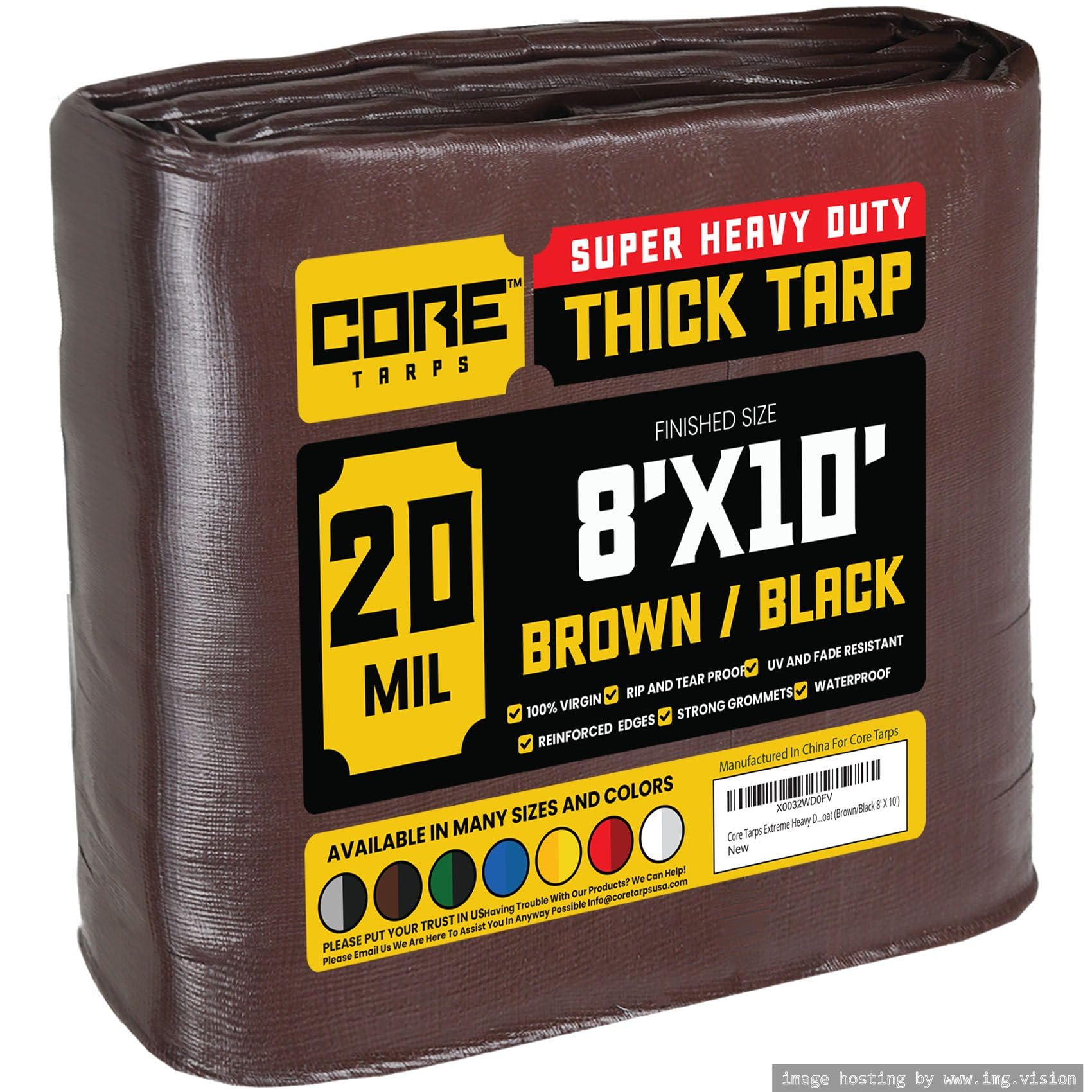 Core Tarps Extreme Heavy Duty 20 Mil Tarp Cover, Waterproof, UV Resistant, Rip and Tear Proof, Poly Tarpaulin with Reinforced Edges for Roof, Patio, Pool, Boat (Brown/Black 8′ X 10′)