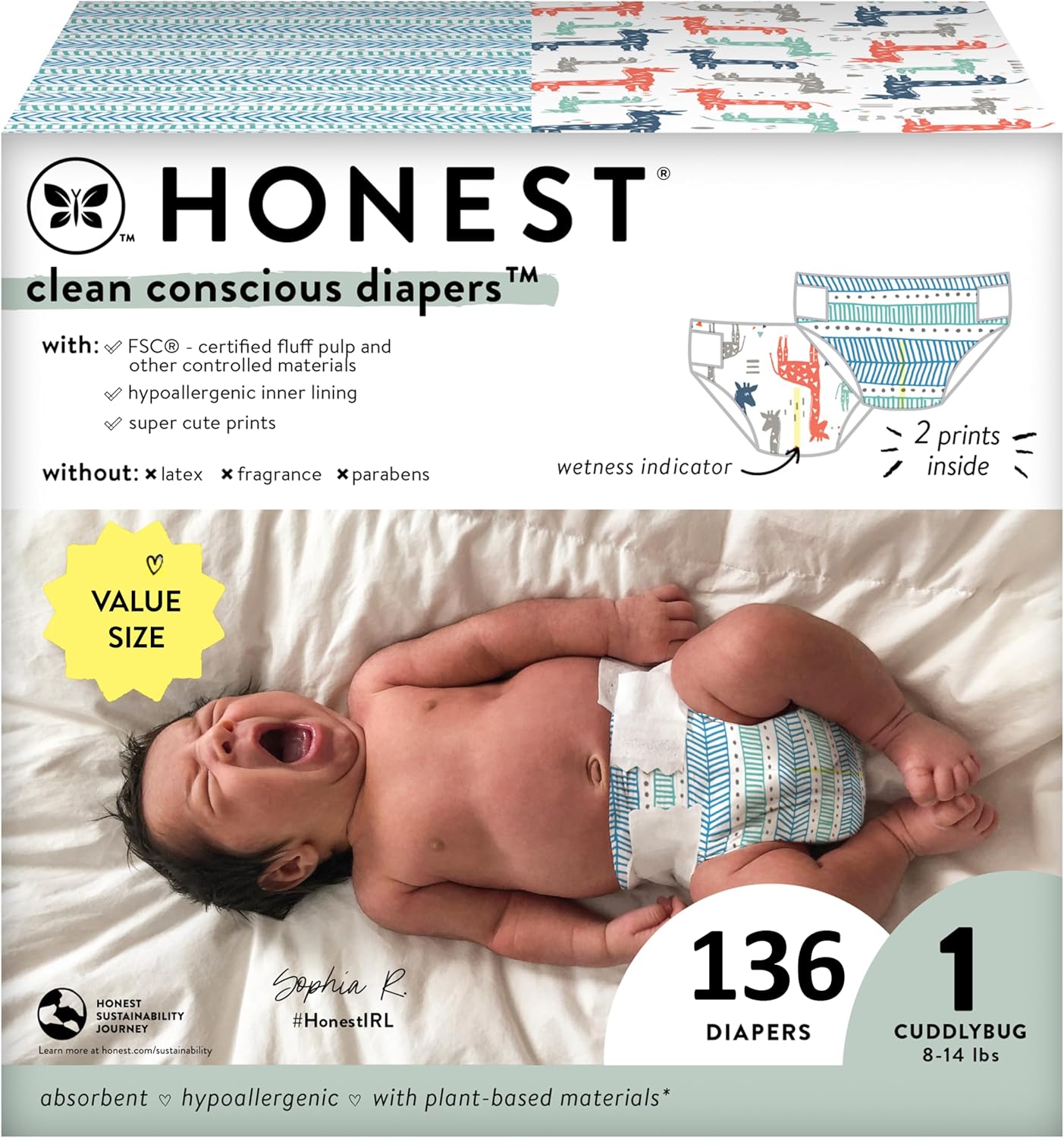 The Honest Company Clean Conscious Diapers for Sensitive Skin | Hypoallergenic, Fragrance Free | Gender Neutral Prints | Super Club Box, Size 1 (8-14 lbs), 136 Count Size 1 (136 Count) Dots & Dashes + Multi-colored Giraffes