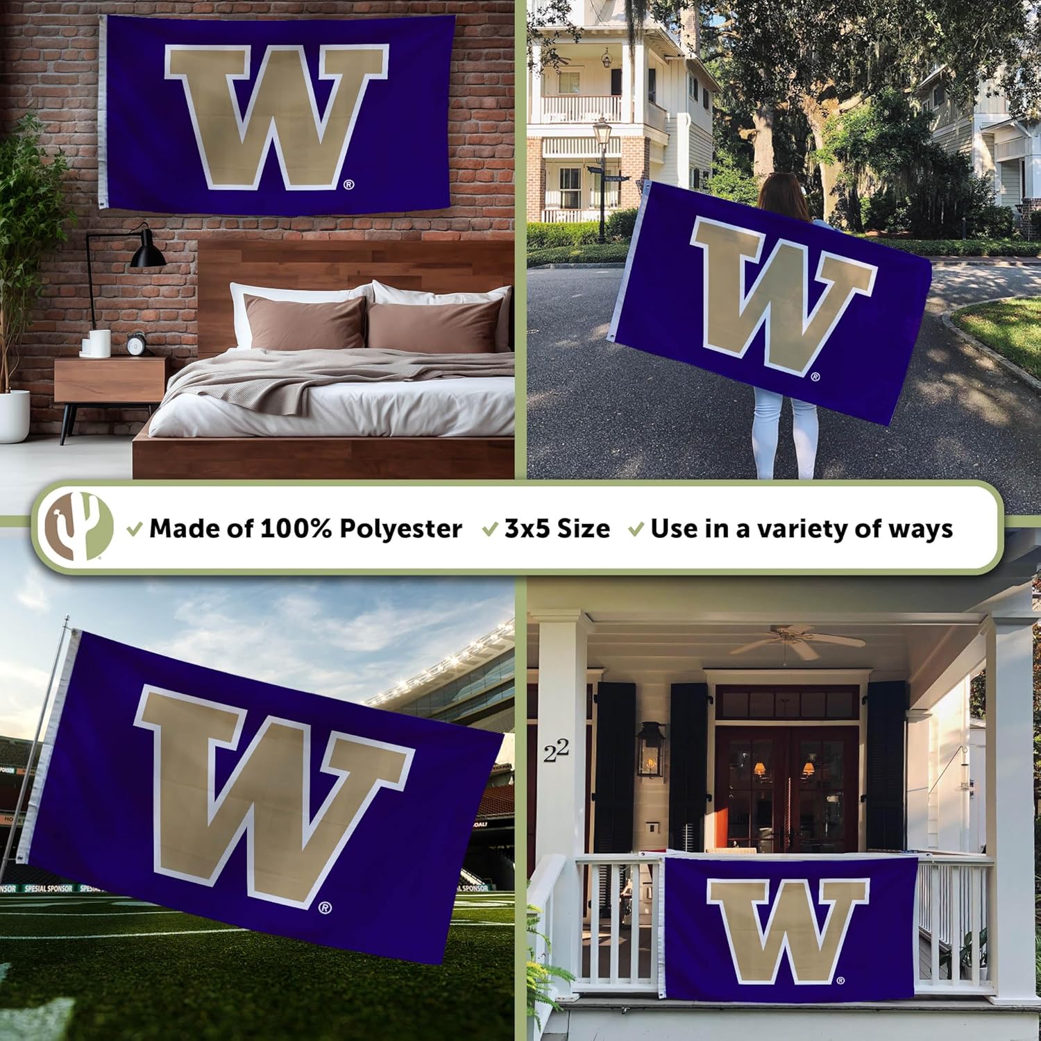 Desert Cactus University of Washington UW Flag - 3 x 5 Feet Huskies Banner, Indoor/Outdoor Durable Fabric, 100% Polyester Design (Style 2) - Image 3