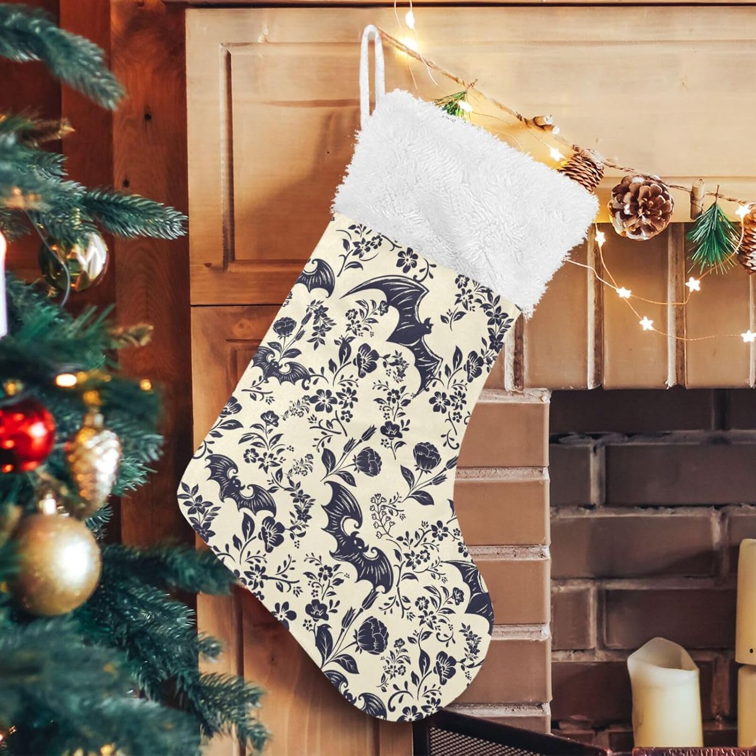 1pc Cute Christmas Stocking Velvet Craft Socks,Goth Bat 18 Inches Mantel Hanging Ornaments for Family Holiday Party Decorations Cuff Stocking Gift