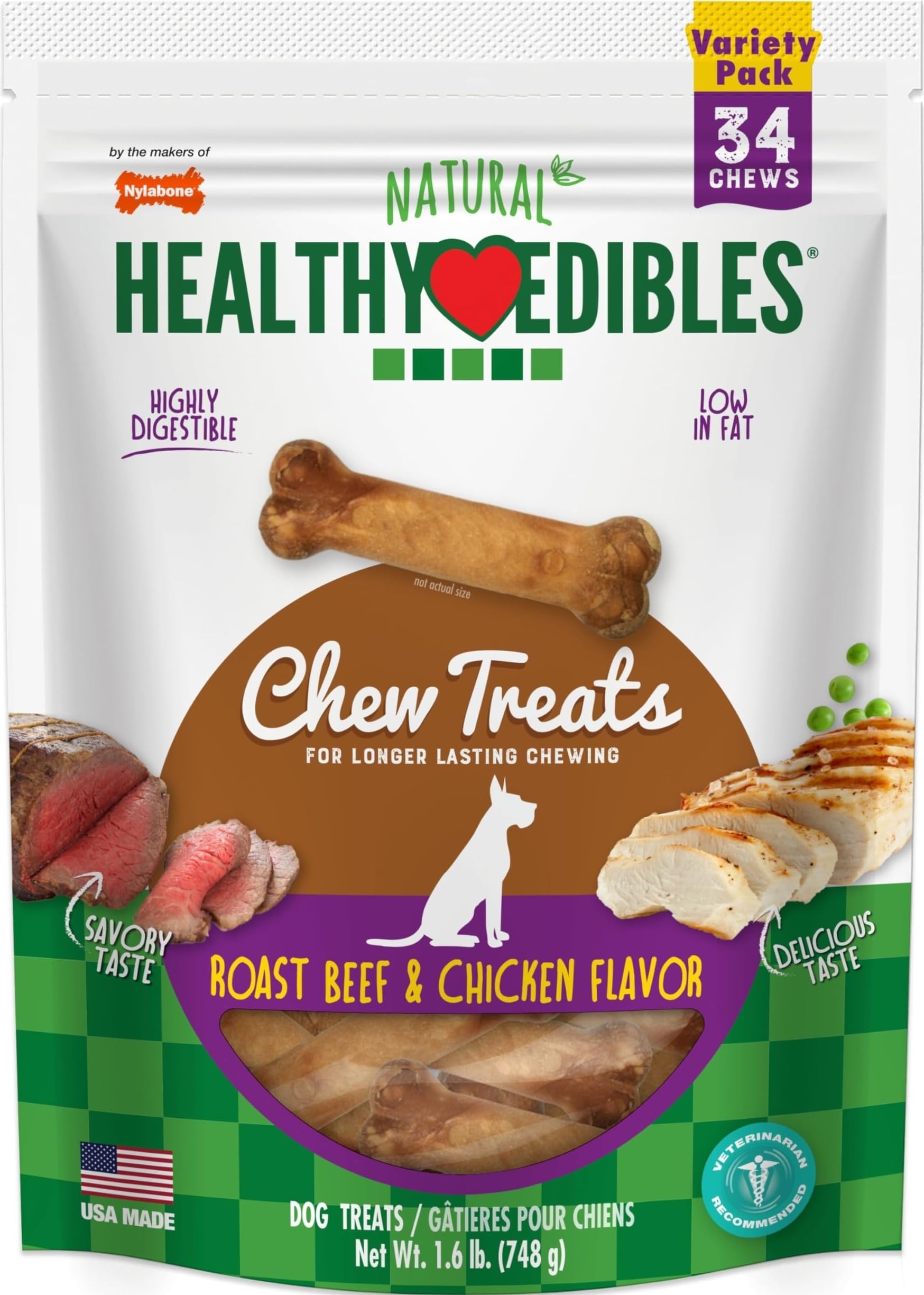 Nylabone Healthy Edibles Dog Treats, Roast Beef &amp; Chicken Flavor, 34 Count