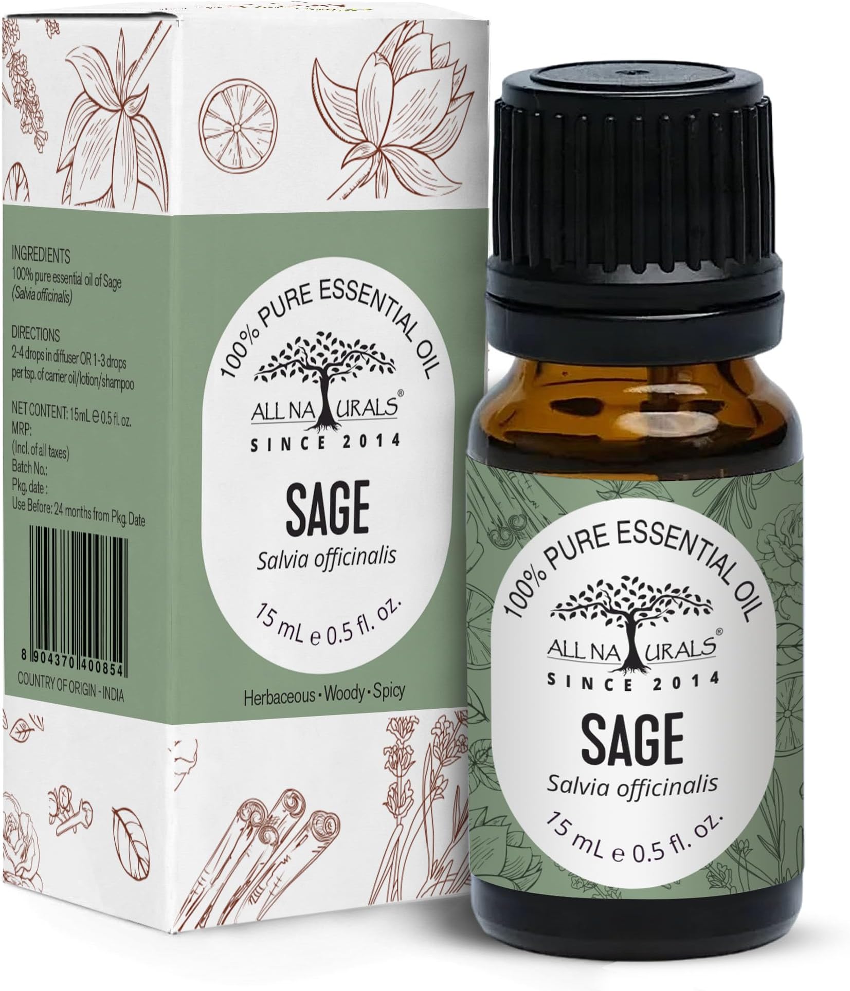 ALL NATURALS Sage Essential Oil 15ml (Kashmir) 100% Pure Undiluted for Aromatherapy, Vastu, Positivity & Clear Breathing