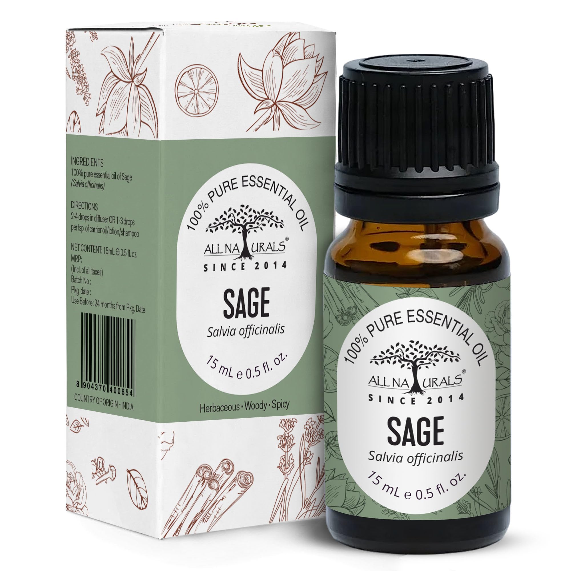 ALL NATURALS Sage Essential Oil 15ml (Kashmir) 100% Pure Undiluted for Aromatherapy, Vastu, Positivity & Clear Breathing