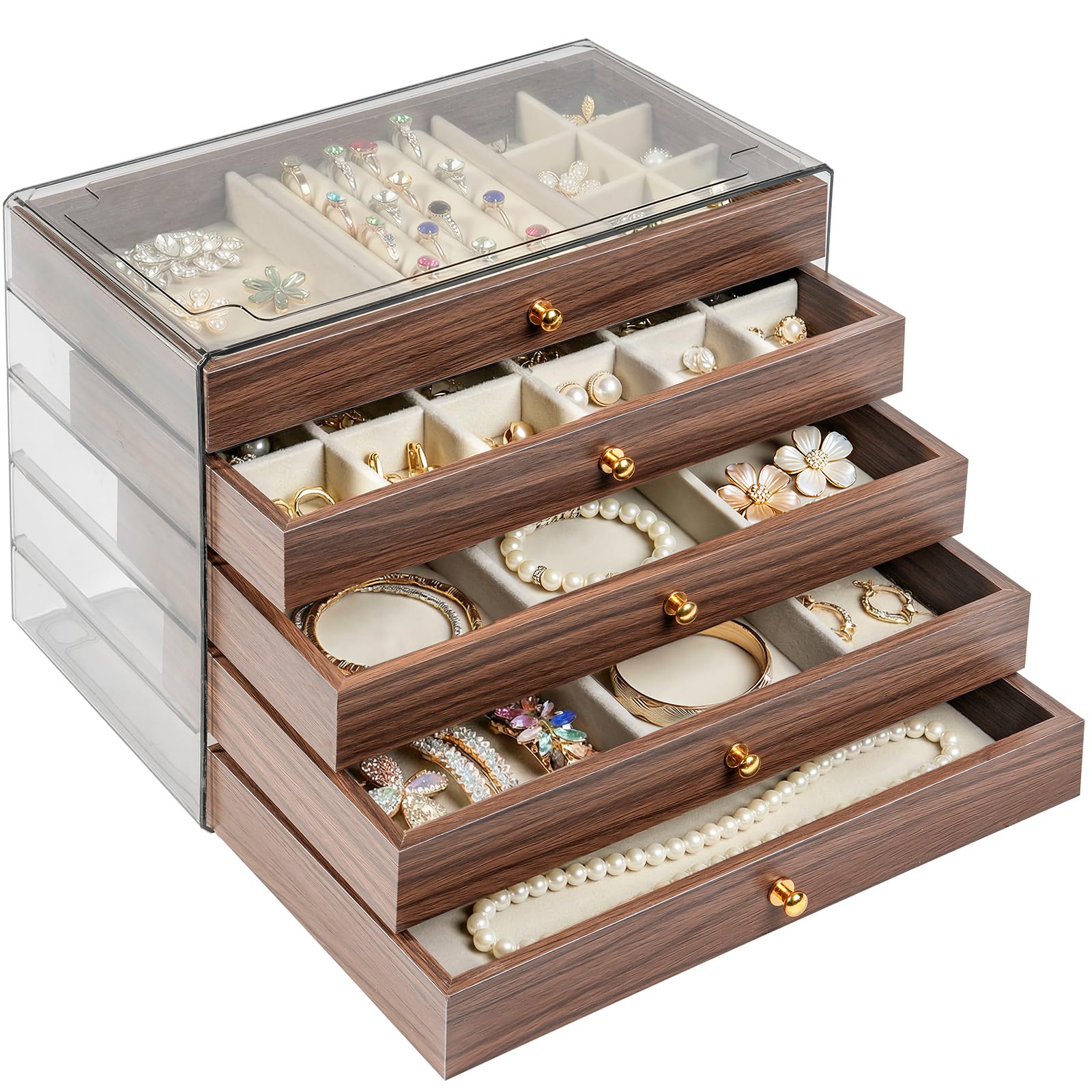 Wooden Jewelry Box for Women 5-Layer Jewelry Organizers and Storage with 5 Drawers Velvet Trays Large Earring Holder