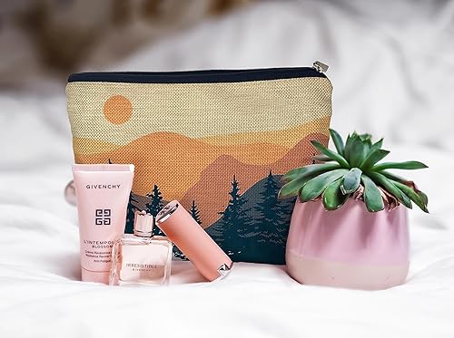 Miniatura 3 de Bolsa de cosméticos bohemia abstracta con diseño de montañas y amaneceres y atardecer, elegante estilo cálido, decorativo, bolsa de maquillaje para