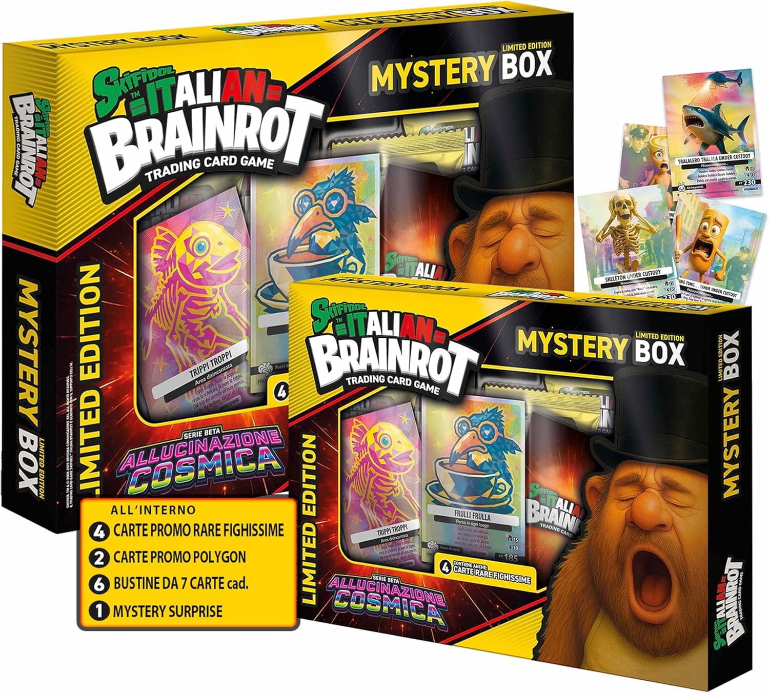 Generico Skifidol Italian Brainrot Mystery Box kosmiczne halucynacje, edycja limitowana, 4 rzadkie karty promocyjne, 2 wielokąty, 6 saszetek po 7 kart - 42 karty