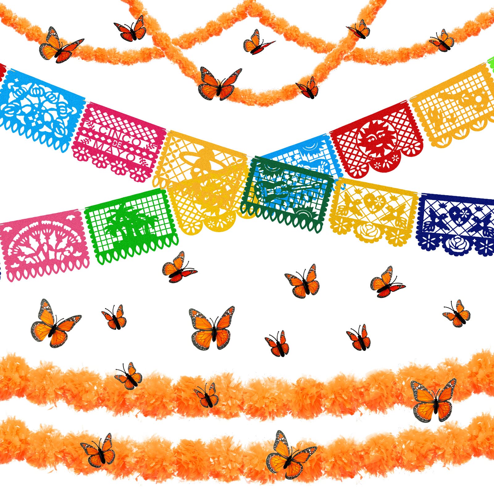 Set de 18 bannières mexicaines papier picado avec fleurs de souci