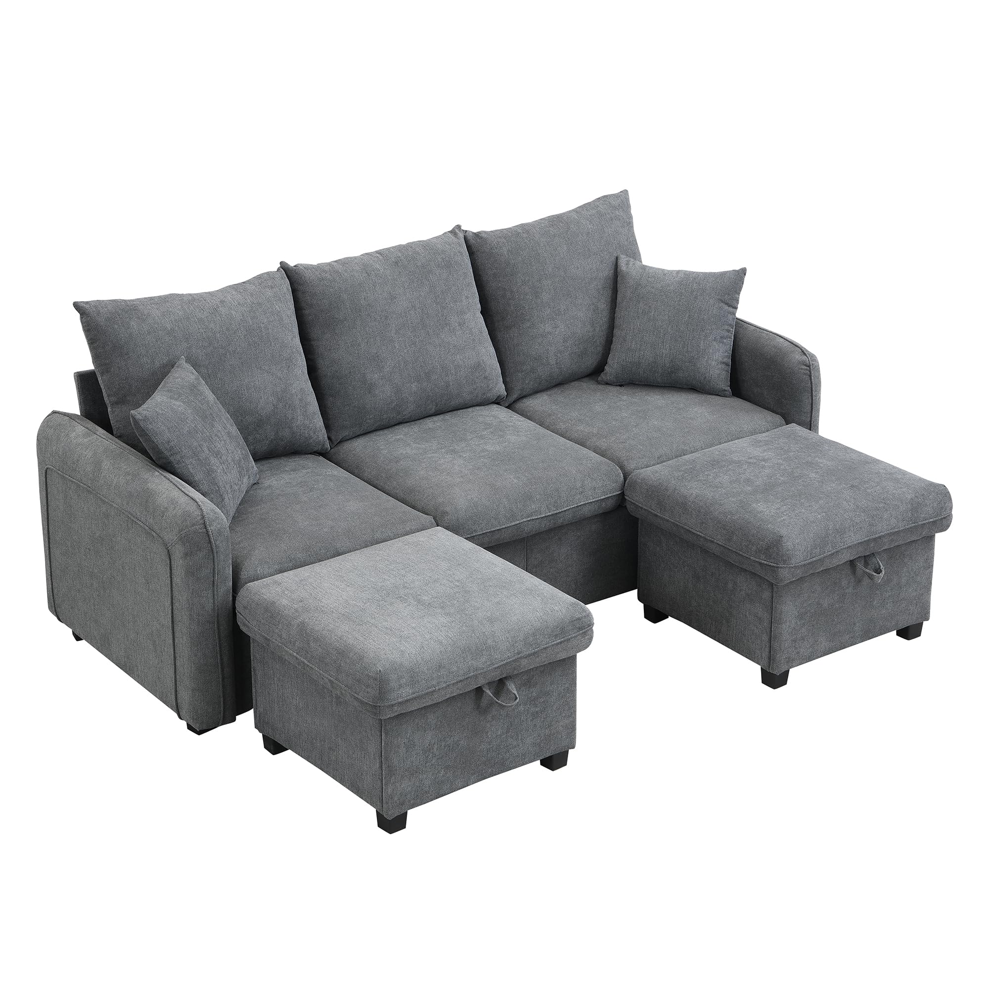 Merax Multifunktionales Ecksofa, 3-Sitzer Polster-Sofa mit Schlaffunktion, mit 2 Staufunktion Hocker, mit 2 Schubladen, modular zerlegbar, Cord-Stoff, für kleine Wohnungen, Dunkelgrau