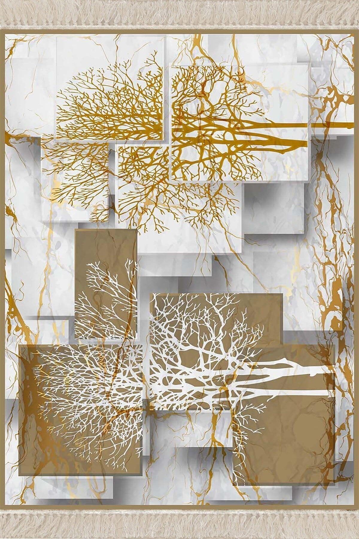 Pelangi Mermer Ve Ağaç Desenli Etnik Dijital Baskı Yıkanabilir Kaymaz Taban Salon Halı Ve Yolluk, Beyaz-Gold 160 x 350
