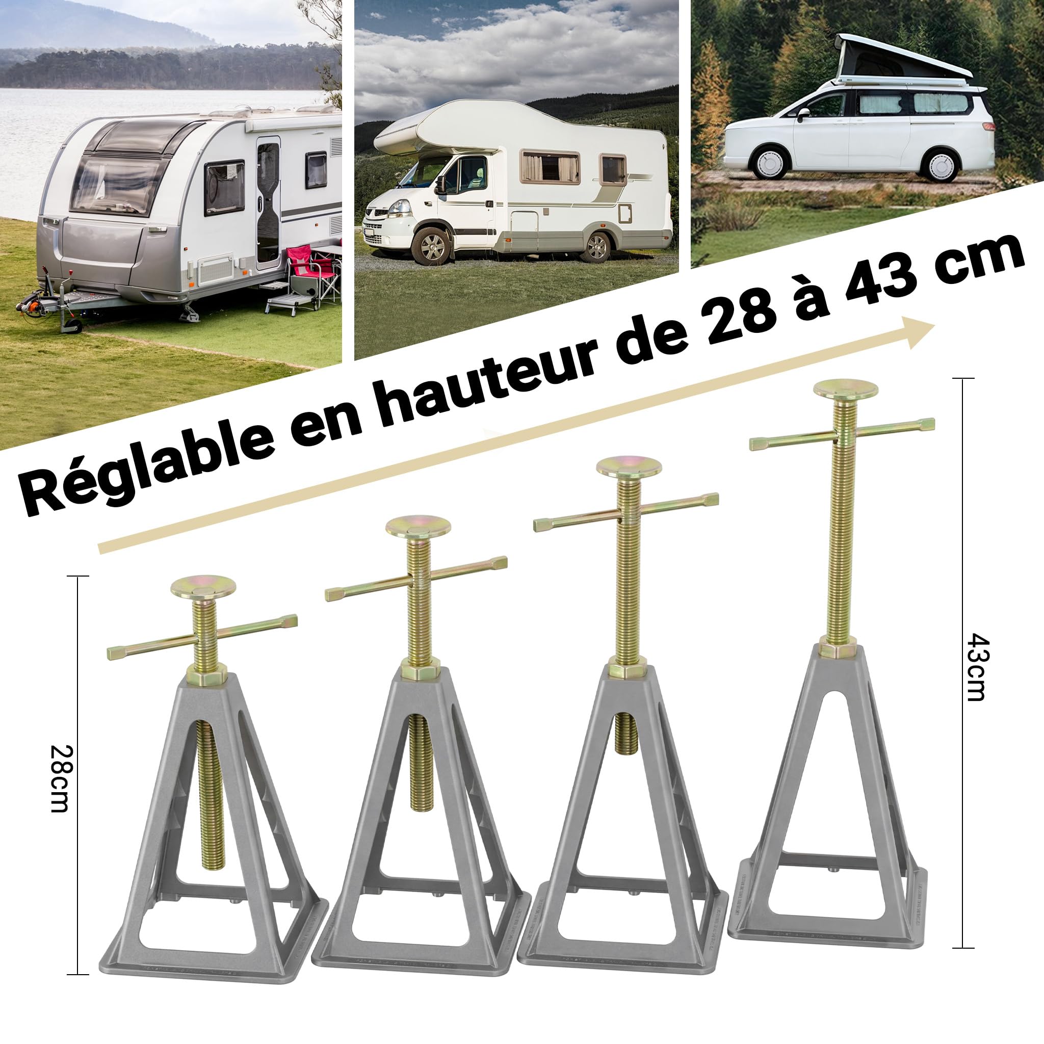 Wiltec Lot de 4 Chandelles de stabilisation – en Aluminium et Acier – Charge 900 kg/pièce – Hauteur réglable 28-43 cm – pour Camping car, Caravane et Remorque – Calage