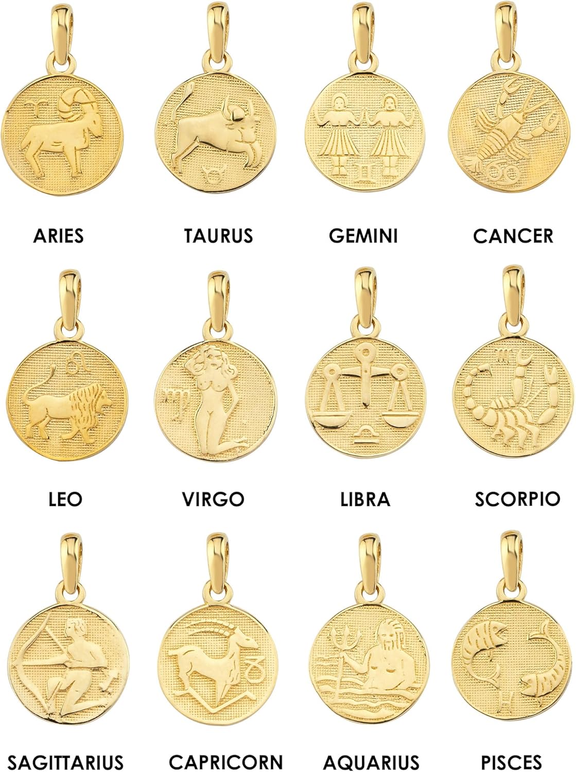 MIONZA 14K Solid Gold Zodiac Coin Necklace, Aries, Taurus, Gemini, Cancer, Leo, Virgo, Libra, Scorpio, Sagittarius, Capricorn, Aquarius, Pisces Pendant, Astrology Sign Necklace Gift for Her