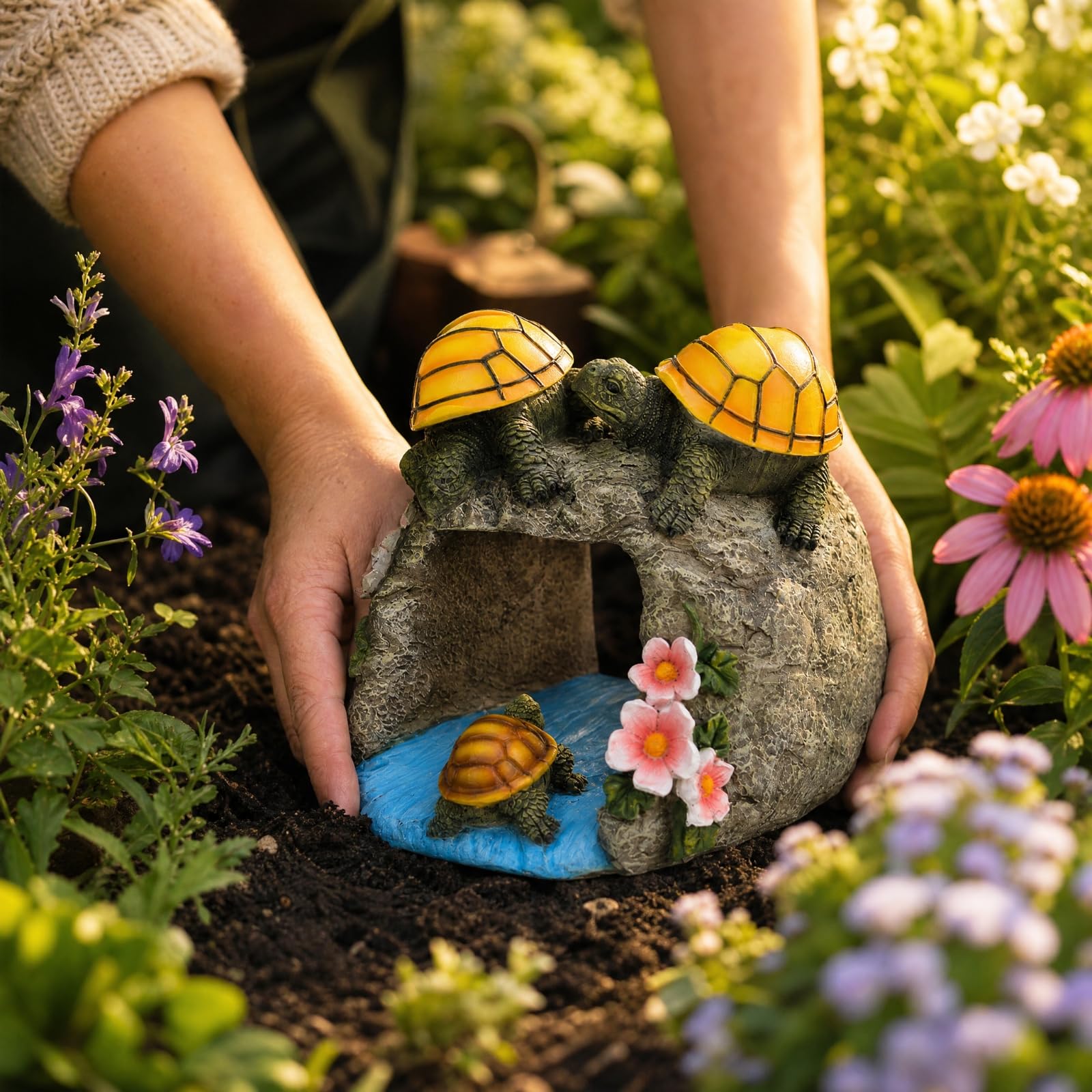 Qianly Statua a Forma di Testuggine con Luce Solare Impermeabile Decorazione da Giardino con Multifunzionale per Serate All'aperto