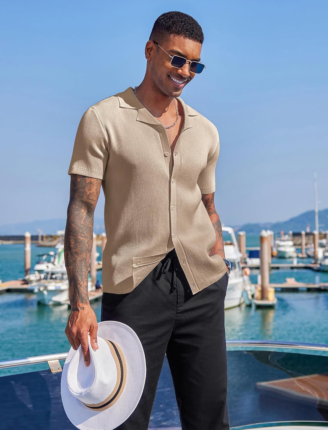 COOFANDY Men's Knit Button Down Shirt Short Sleeve Polo Sweater Summer Casual Shirts Cuban Beach Tops - Image 3