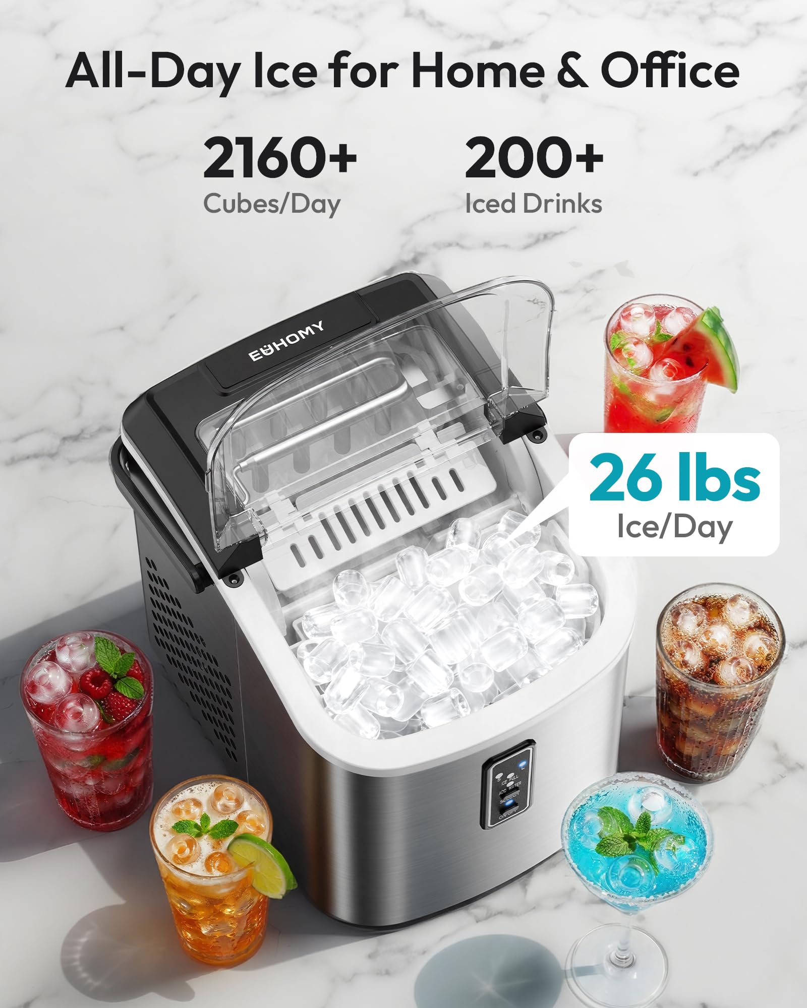 Euhomy Ice Maker Countertop, 9 Cubes Ready In 6 Mins, 26lbs/24h, Self-Cleaning, Portable Ice Maker Machine With Carry Handle, Basket And Scoop, 2 Sizes Of Bullet Ice For Home, Kitchen, Office on Fridge.com - View 3