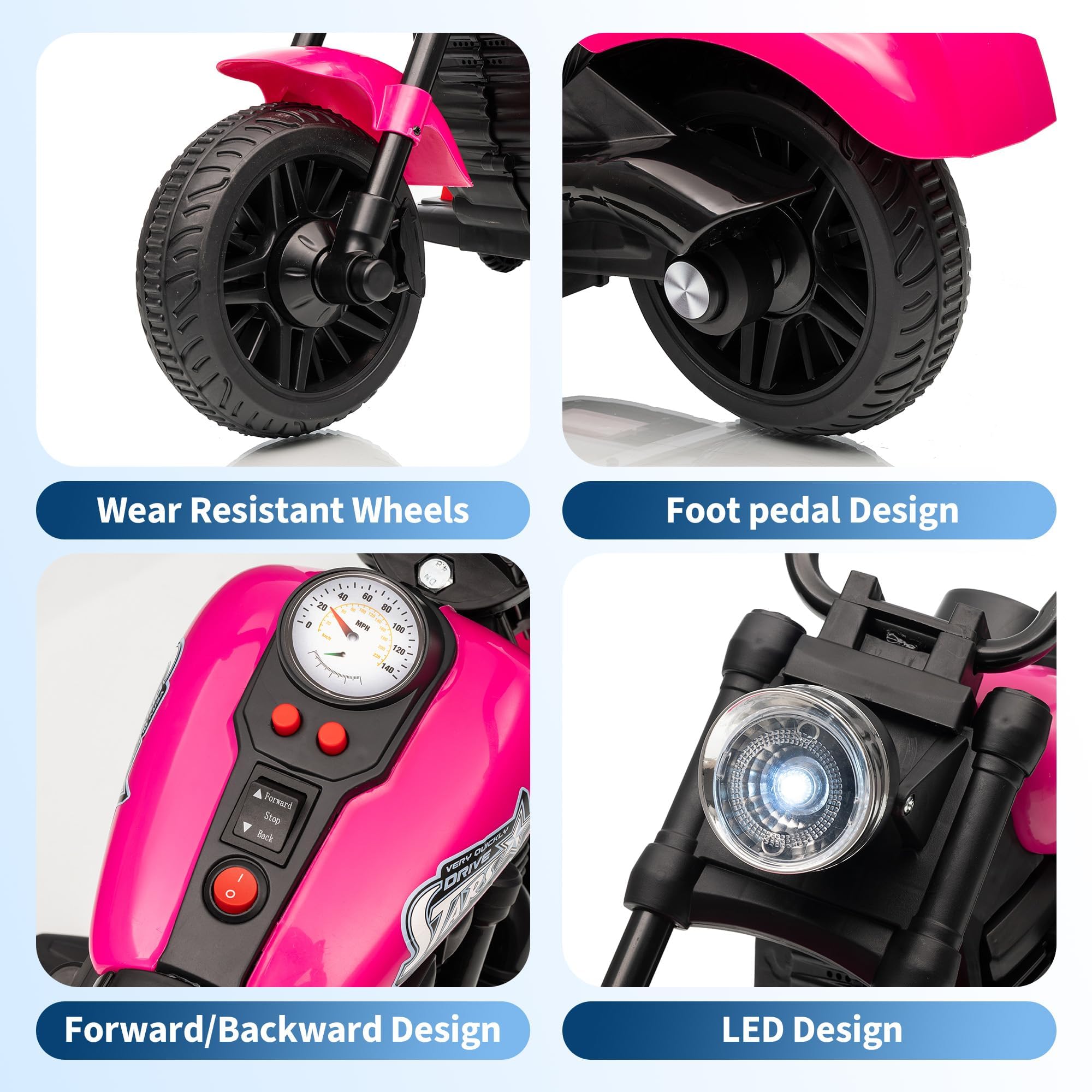 Garvee Moto Électrique Enfant 6V Quad avec LED Musique Amortisseurs Roues Stabilisatrices 3 km/h