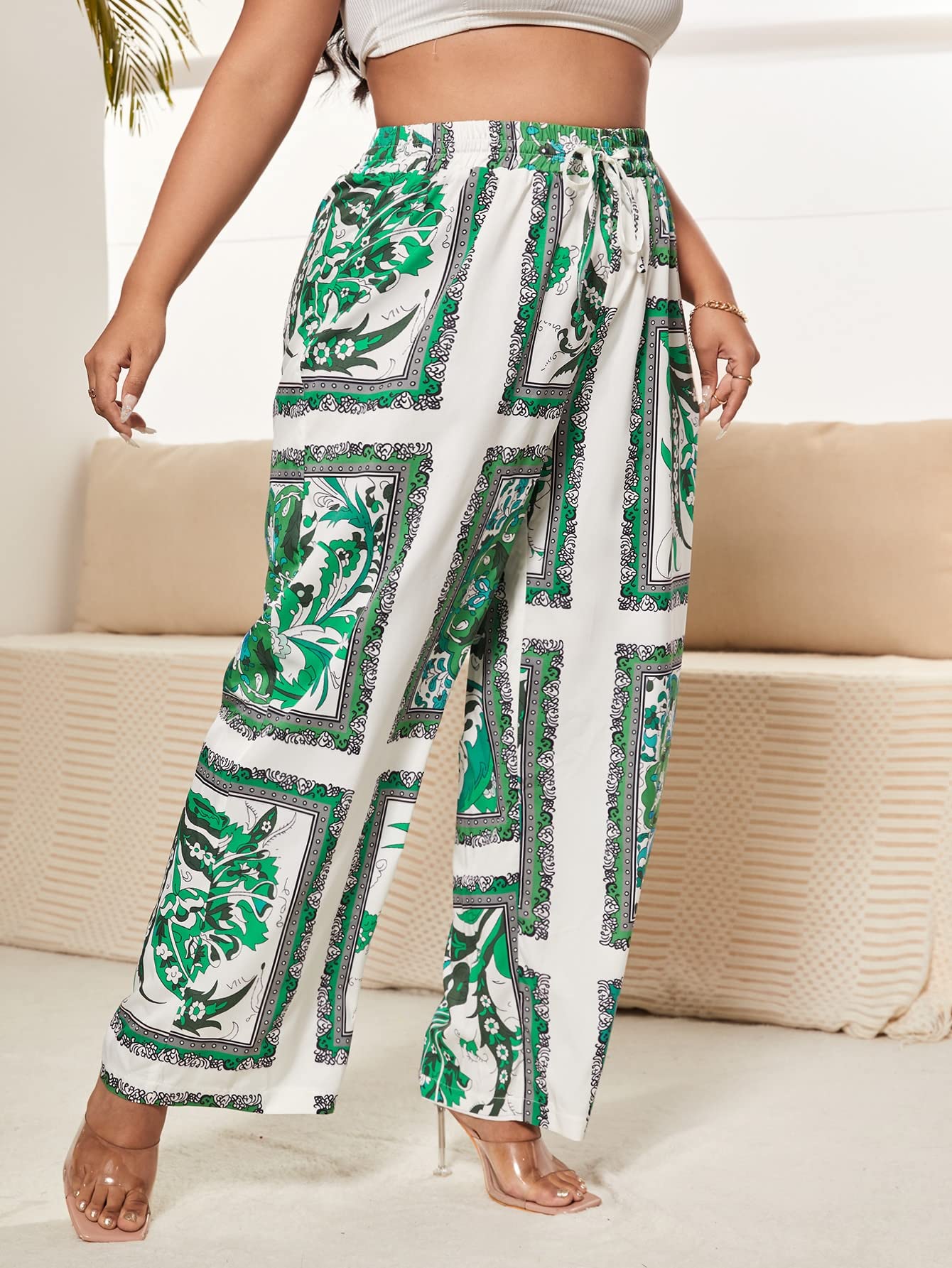EVLTN Plus Size Pants Women Plus Random Scarf Print Drawstring Waist Wide Leg Pants Plus Size Pants Women