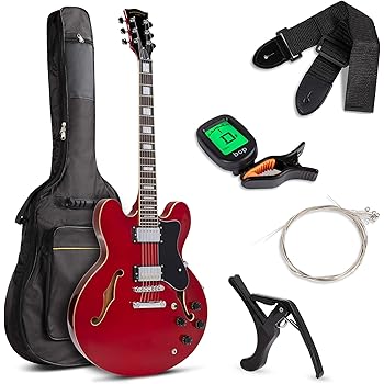 Best Choice Products Semi-Hollow Body Electric Guitar Set w/Dual Humbucker Pickups, 3-Way Pickup Selector, Case, Electronic Tuner, Capo, Strap, Picks, Cutaway Design - Red