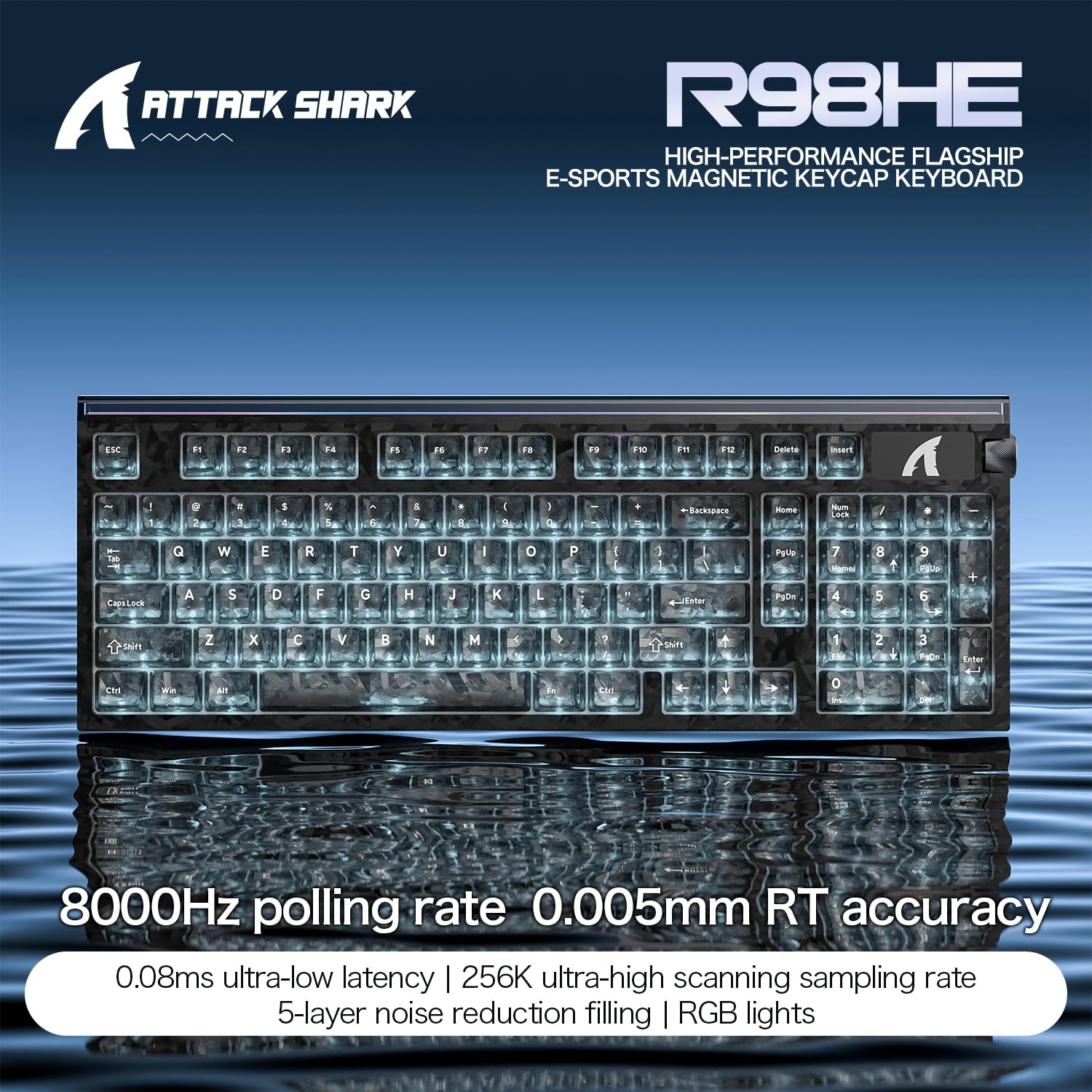 ATTACK SHARK R98 HE Clavier de jeu filaire à effet Hall 8000 Hz, déclenchement rapide de 0,005 mm, disposition à 98 %, actionnement réglable, commutateurs magnétiques remplaçables à chaud, pilote Web