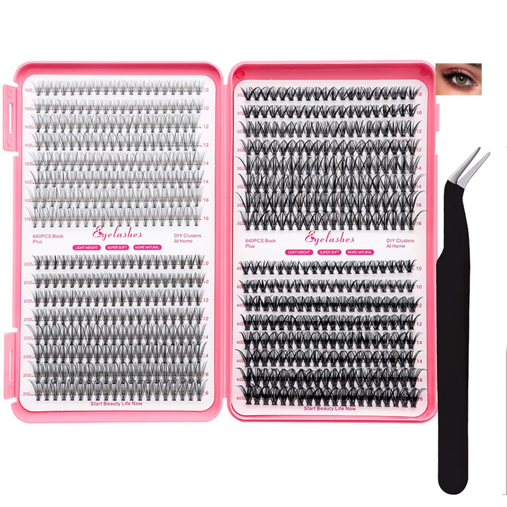 32 Rows Individual Cluster Lashes Book with Tweezer 20P+30P+40P+50P DIY Lash Extensions 8-16mm D Curl Natural Look Soft Fluffy Reusable Multi-Length Cluster Lashes for Home Use(#D)