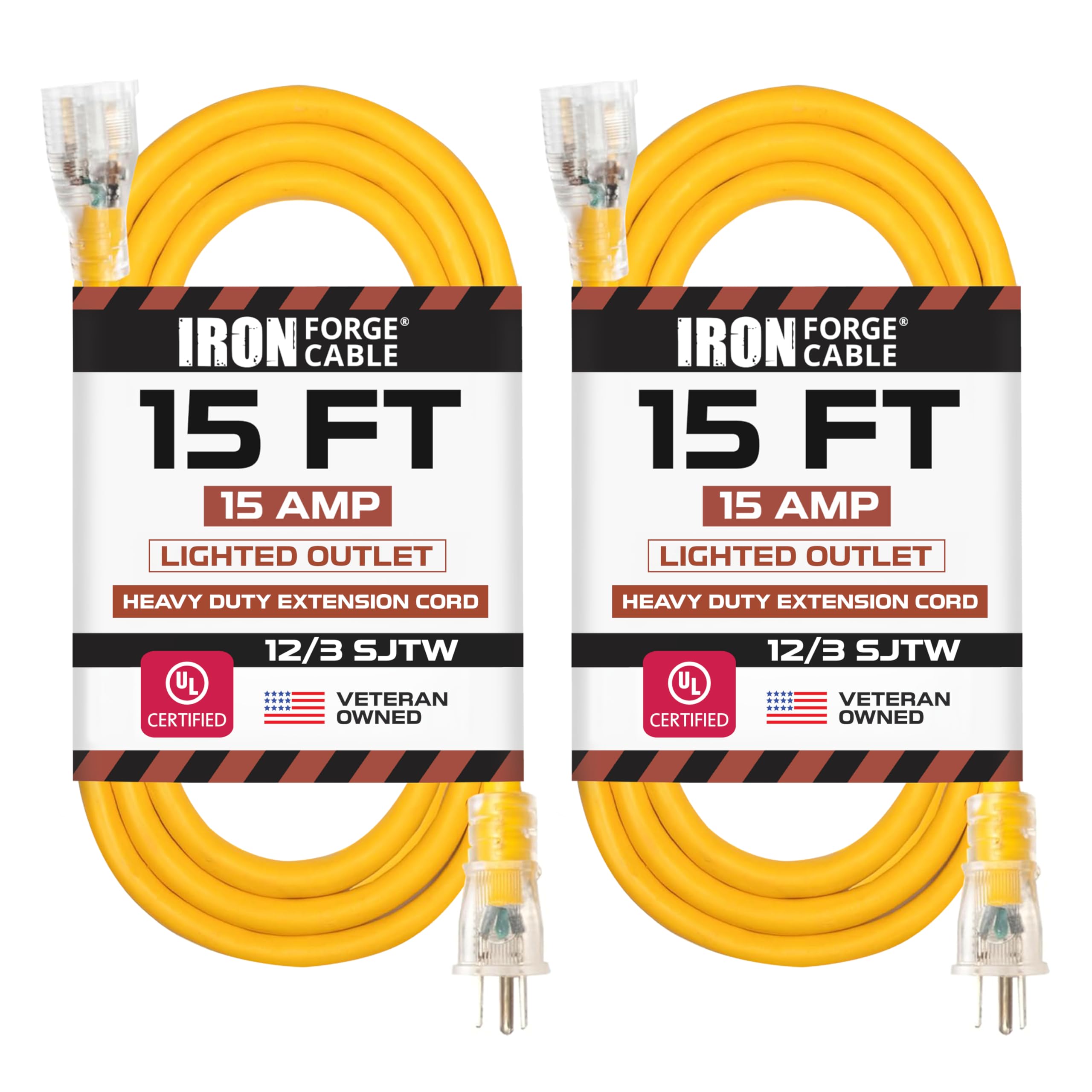 IRON FORGE Cable de extensión para exteriores de 15 pies, cable de extensión amarillo de 12/3 SJTW resistente con enchufe de 3 puntas para seguridad, 15 amperios, ideal para jardín y electrodomésticos