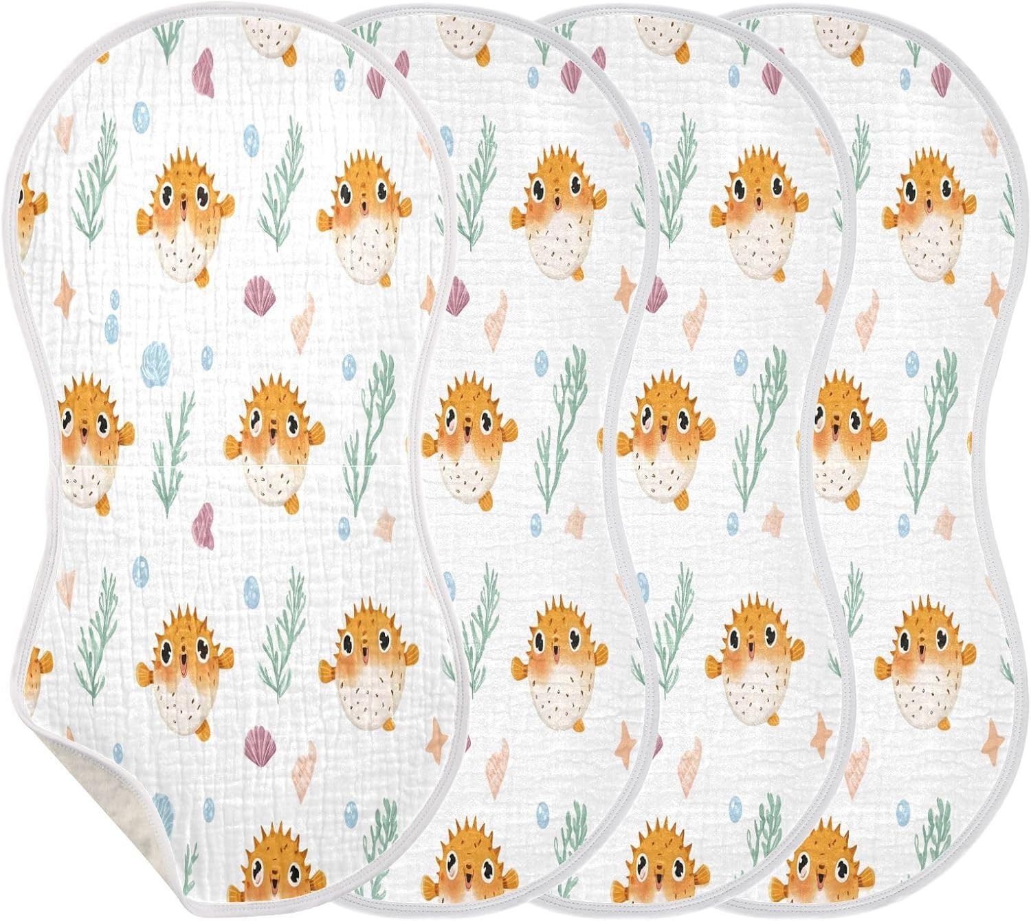 Fugu and Shell Pattern Baby Burp Cloths -4Pcs Soft Absorbent Muslin Washcloths Bibs Face Towel for Newborn Boys Girls 22 x 11 Inch