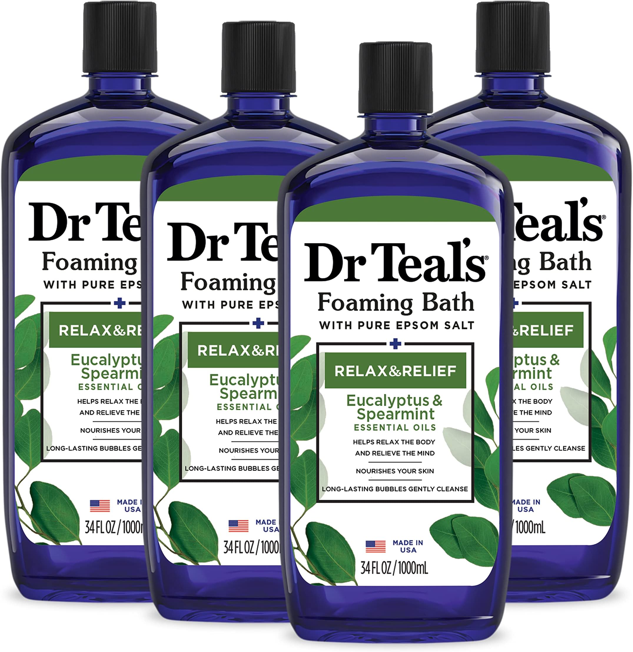 Dr Teal's Foaming Bath with Pure Epsom Salt, Relax & Relief with Eucalyptus & Spearmint, 34 fl oz (Pack of 4)