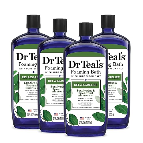 Dr Teal's Baño espumoso con sal pura de Epsom, relajación y alivio con eucalipto y menta verde, 34 onzas líquidas (paquete de 4)