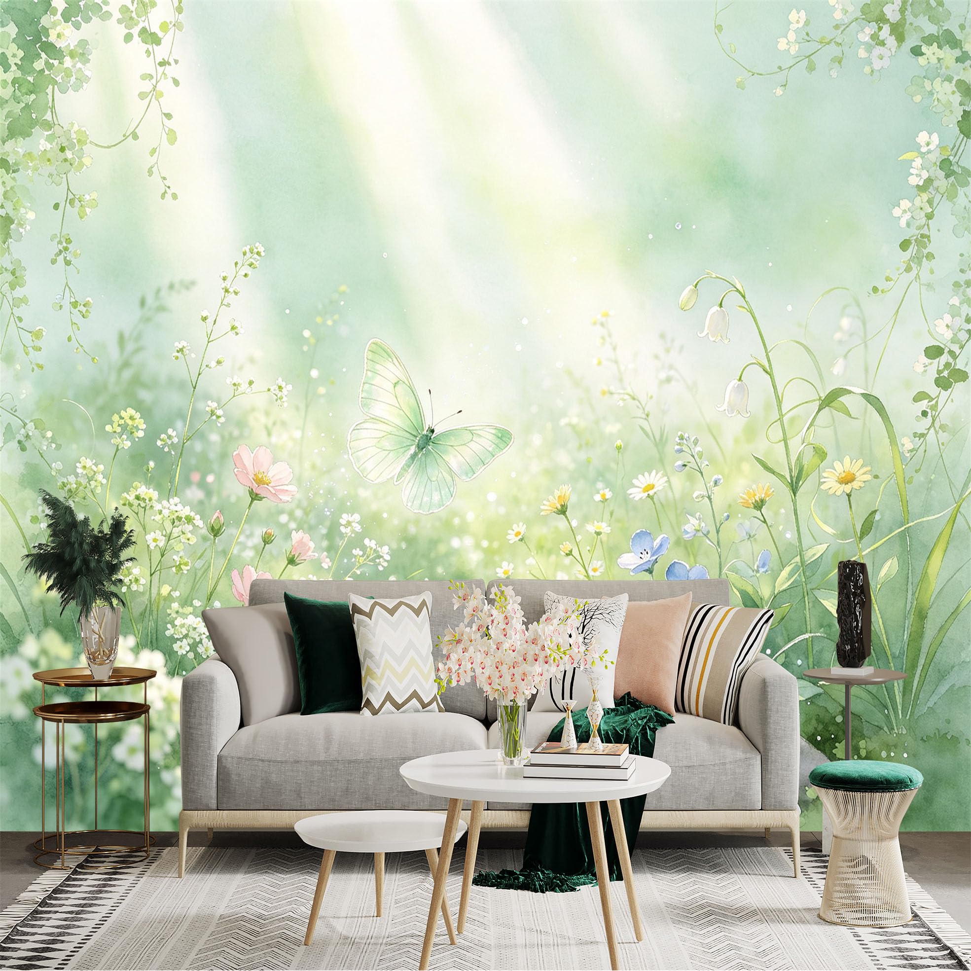 Lnzczhyre Bh260719597 Custom Size Wall Sticker Mural， Watercolor Spring Garden With Soft Green Meadow， Blooming Wildflowers And Flying Butterfly， For Wall Decoration， Peelandstick Wall Decals.