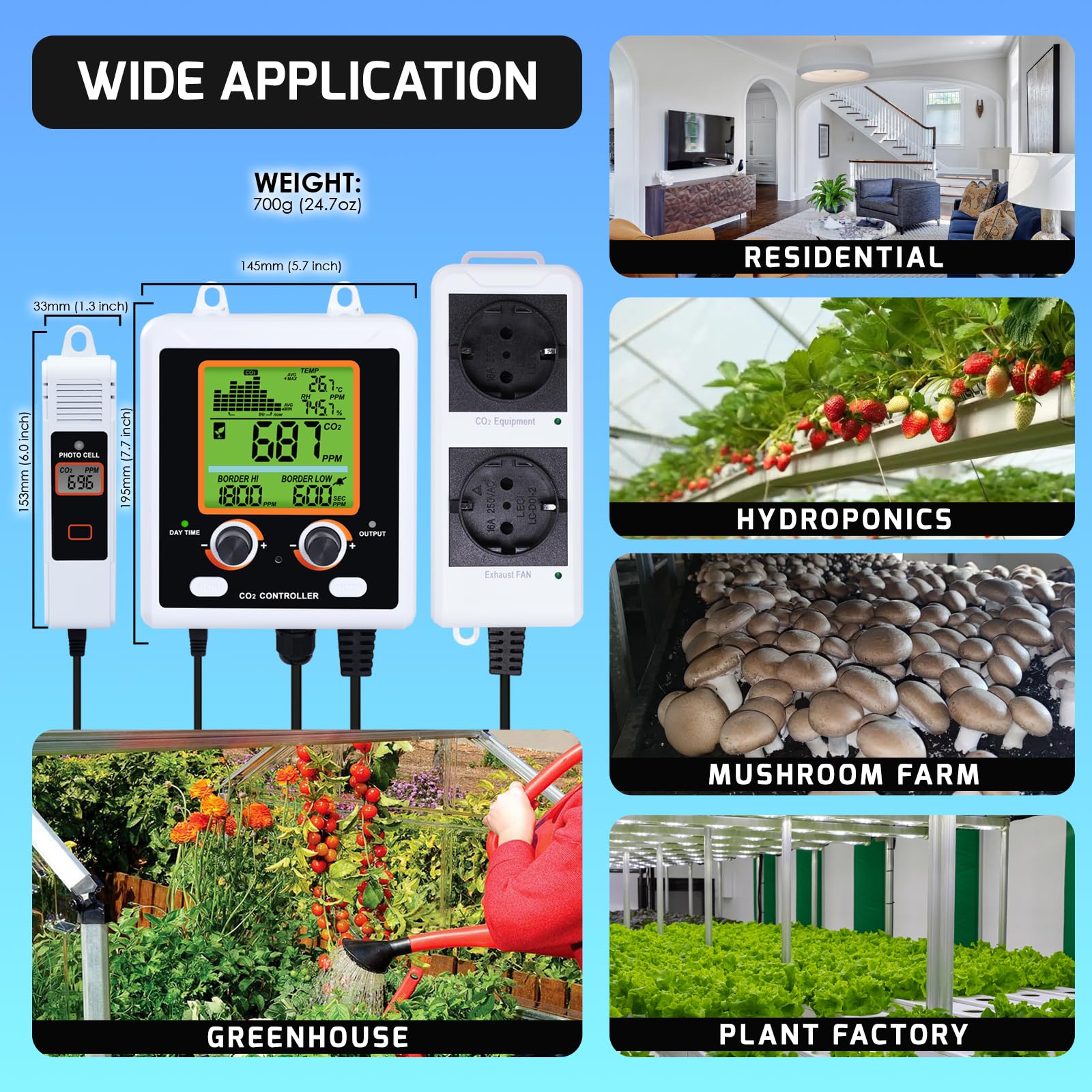Controller CO2 Controllo Anidride Carbonica Misuratore CO2 Giorno e Notte Sensore NDIR CO2 Funzione di Controllo Doppia con Sensore CO2 a 4.5 metri per Sala di Crescita, Tenda di Crescita, Serra