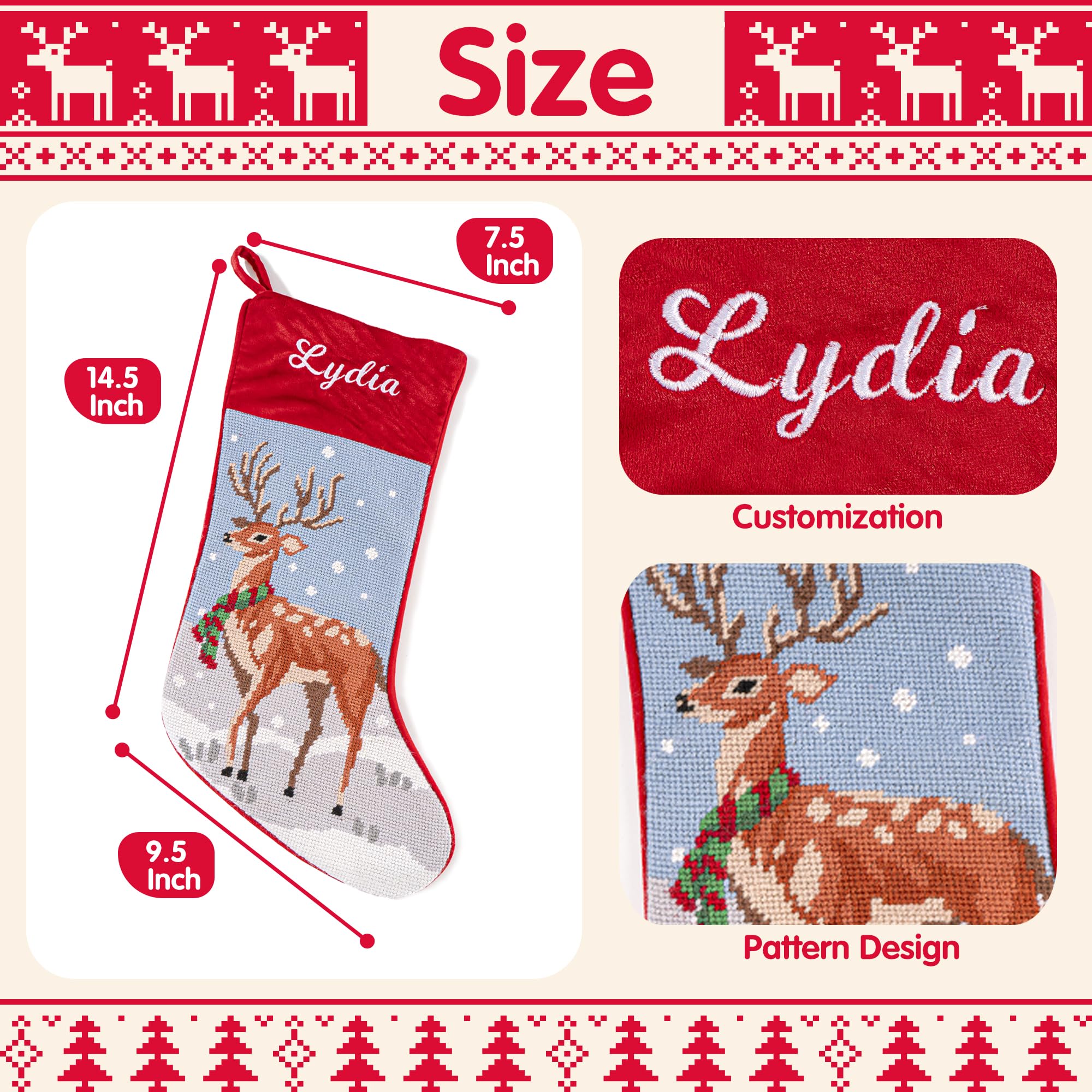 MT WORLD Needlepoint Christmas Stockings Personalized Snowman Santa Angel Bear Reindeer Christmas Tree Embroidered Family Stockings for Holiday Applique Velvet Stocking with Name for Family Decoration