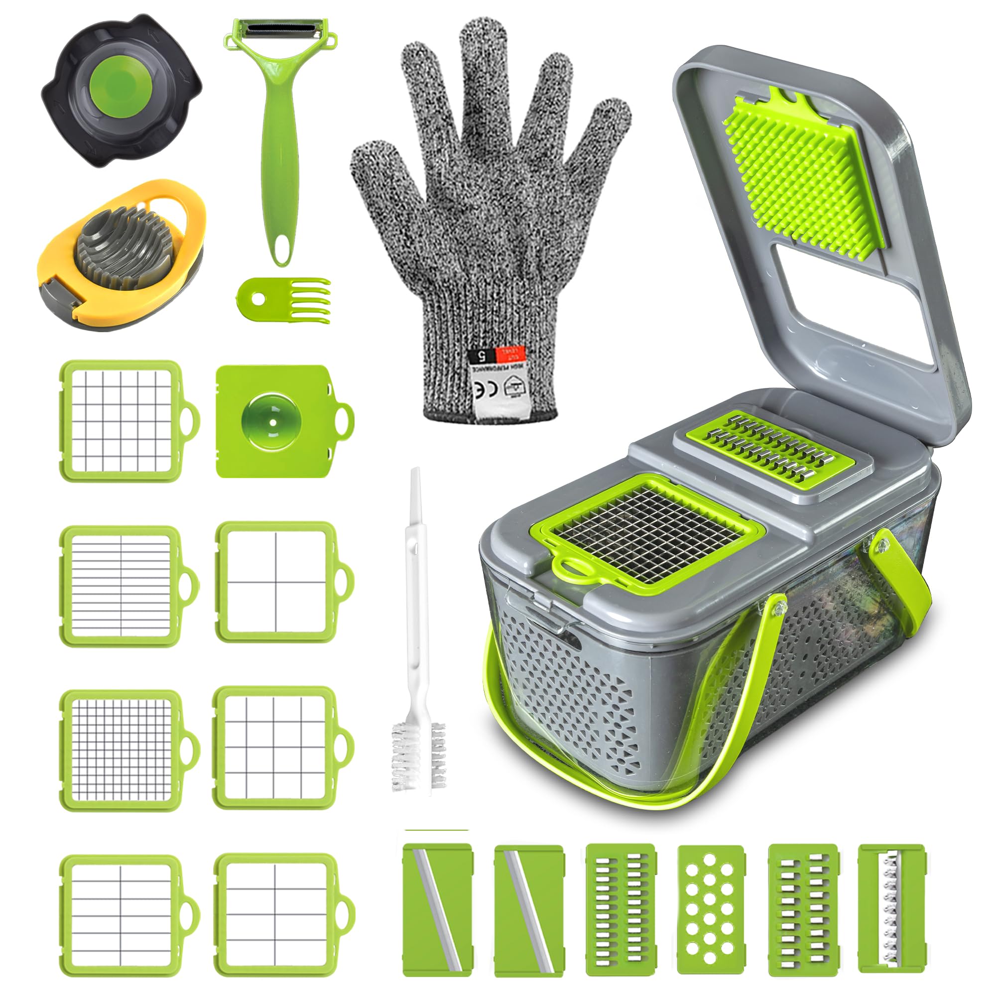 24-Piece Vegetable Chopper - Mandoline Slicer, Food Chopper with Container, Egg Cutter, Safety Gloves - 13 Interchangeable Blades for Slicing, Dicing, Mincing, Grating - Kitchen Gadgets