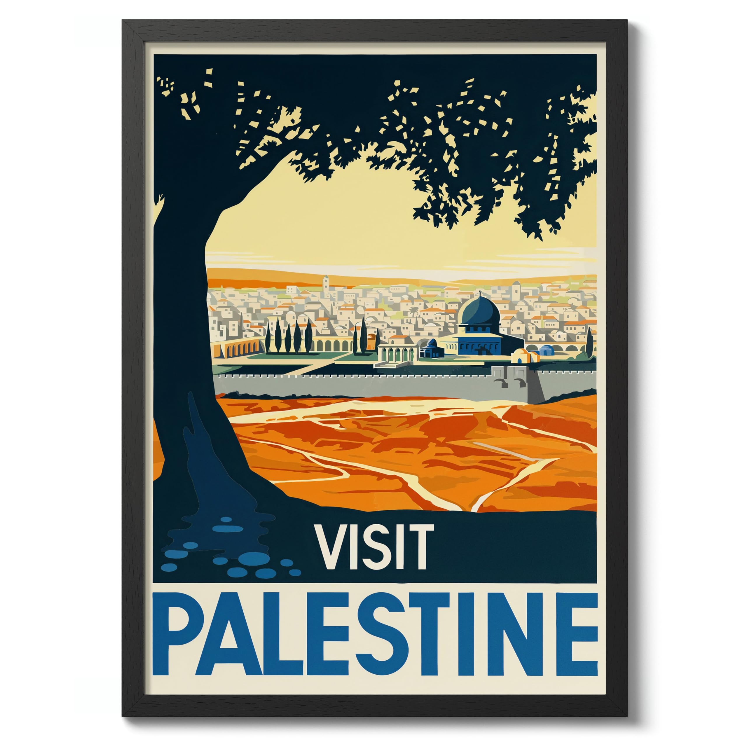 Visit Palestine Vintage Travel Poster, Retro Tourism Print, Popular Attractions Around The World, Postcard Home Decor, Archival Matte, A3 (Black Frame) - 42x29.7cm